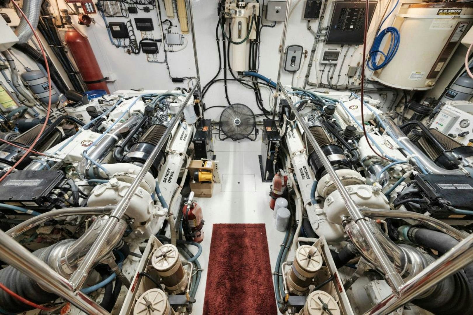 a large group of white and red machinery aboard HATT'S OFF Yacht for Sale