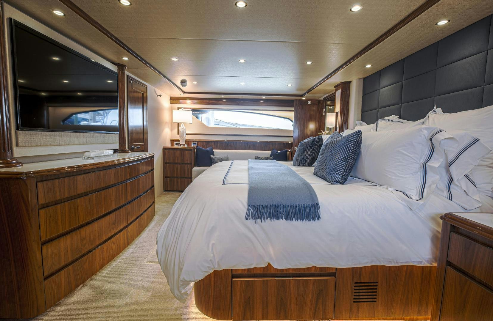 a large bedroom with a large bed aboard SPECULATOR Yacht for Sale