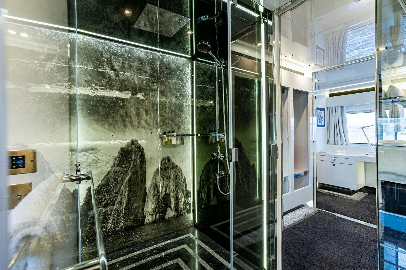 a glass shower unit aboard M Yacht for Sale