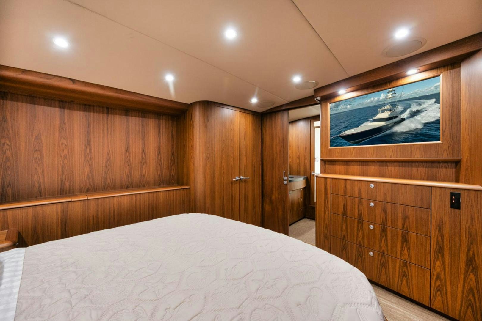 a bed in a room aboard SIR REEL Yacht for Sale