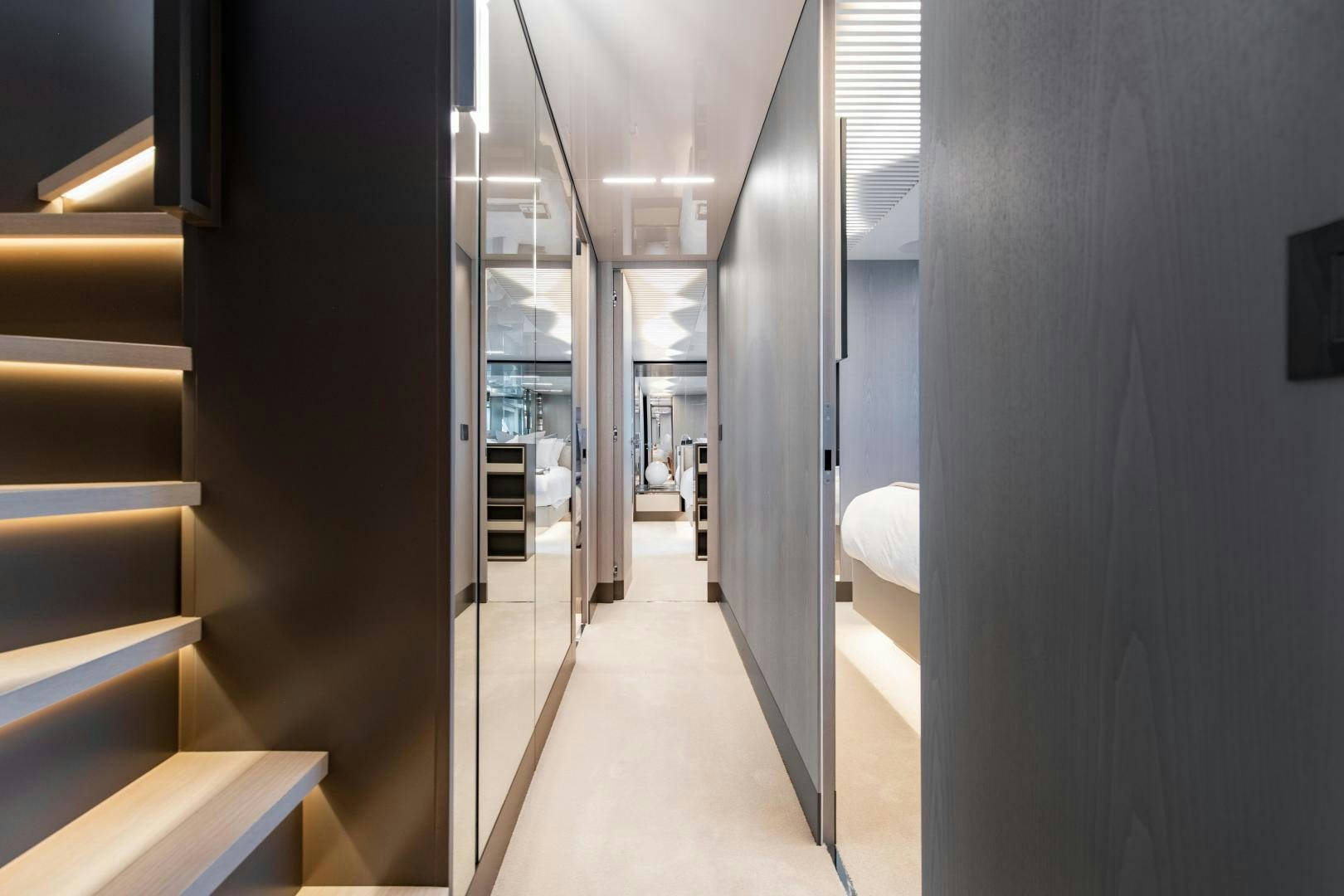 a hallway with doors aboard FERRETTI 850 Yacht for Sale