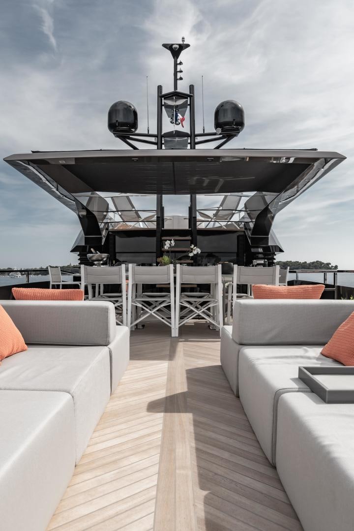 a boat on a dock aboard EVADNE ROCK 85 HULL 4 Yacht for Sale