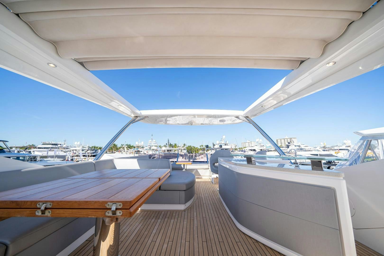 a deck with a deck and a view of the water aboard Life for Sale Yacht for Sale