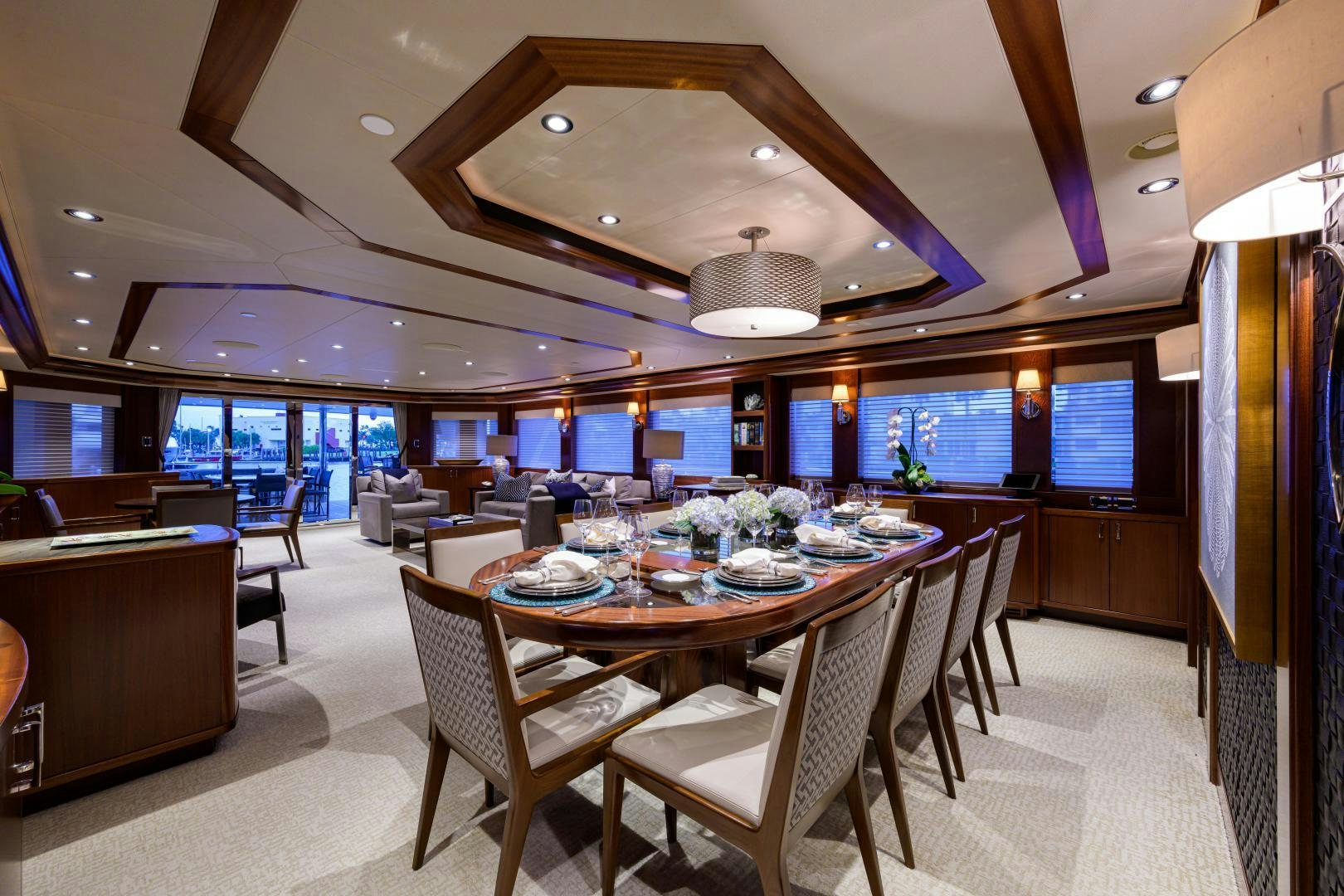 a large dining room with a table and chairs aboard LADY JJ Yacht for Sale