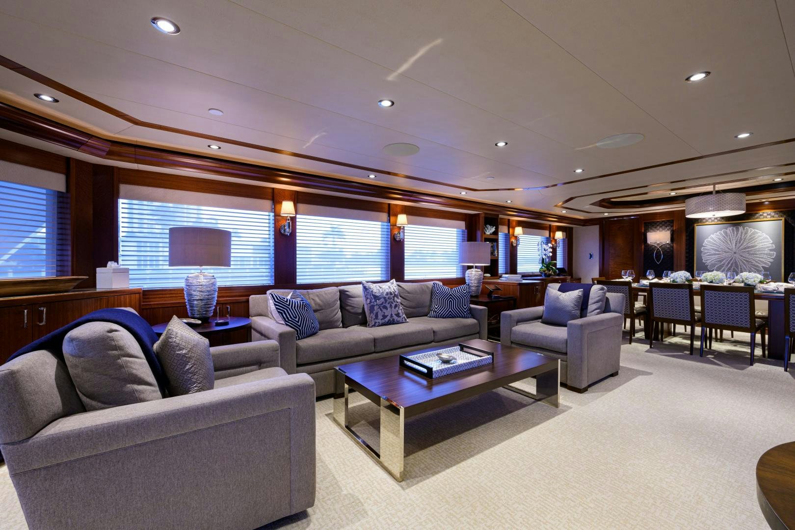 a living room with a large window aboard LADY JJ Yacht for Sale