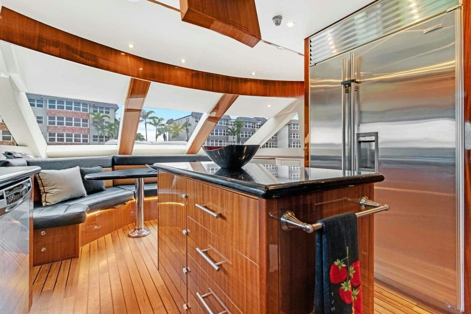 a kitchen with a large window aboard SEMPER FI Yacht for Sale