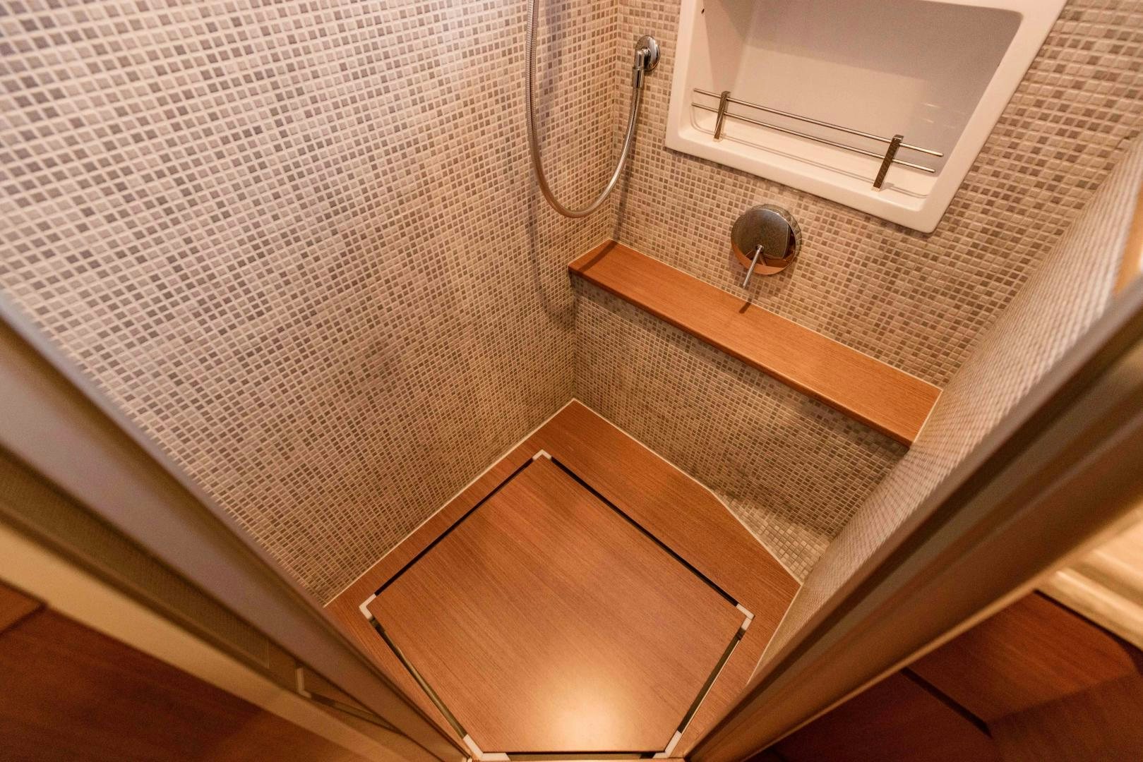 a wooden shelf with a lamp aboard SHE RUNS WET Yacht for Sale