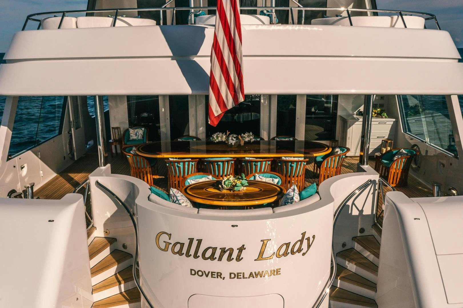 a table with a sign on it aboard GALLANT LADY Yacht for Sale