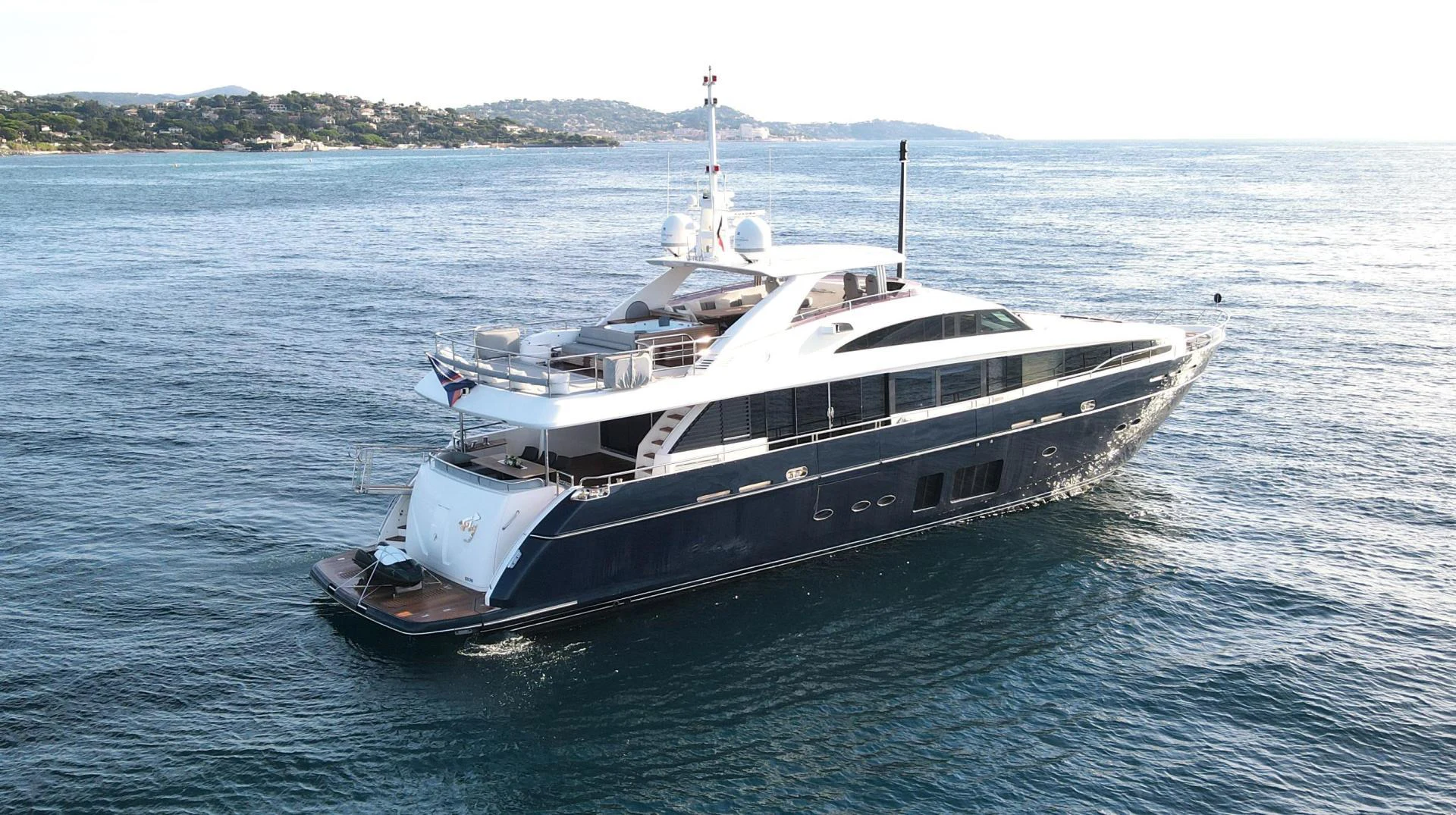 a large boat in the water aboard M/Y FLY Yacht for Sale