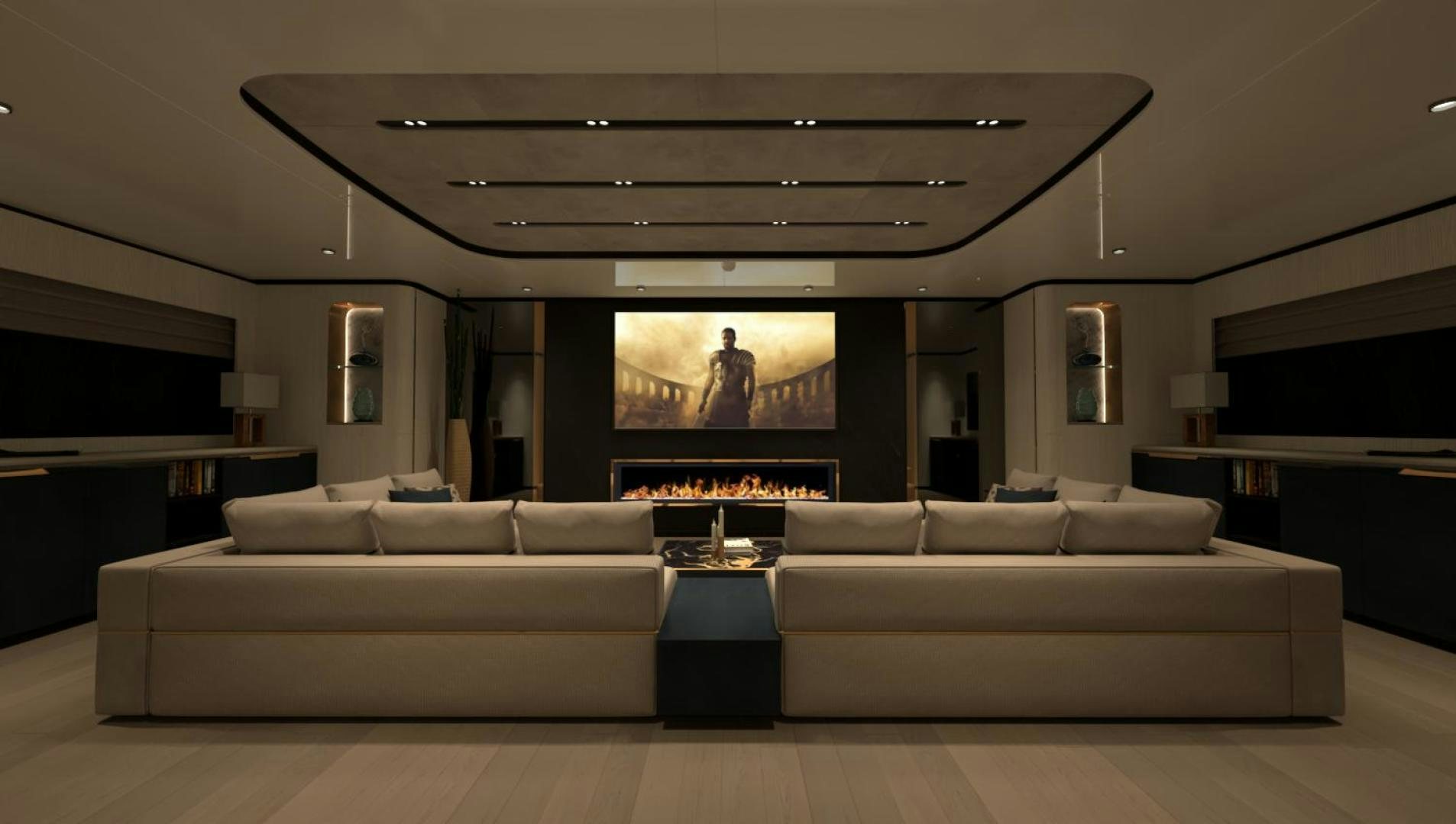 a living room with a large screen aboard WIDER 170 Yacht for Sale