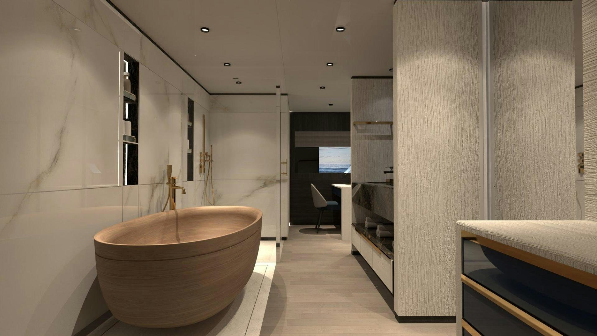 a large bathroom with a tub aboard WIDER 170 Yacht for Sale
