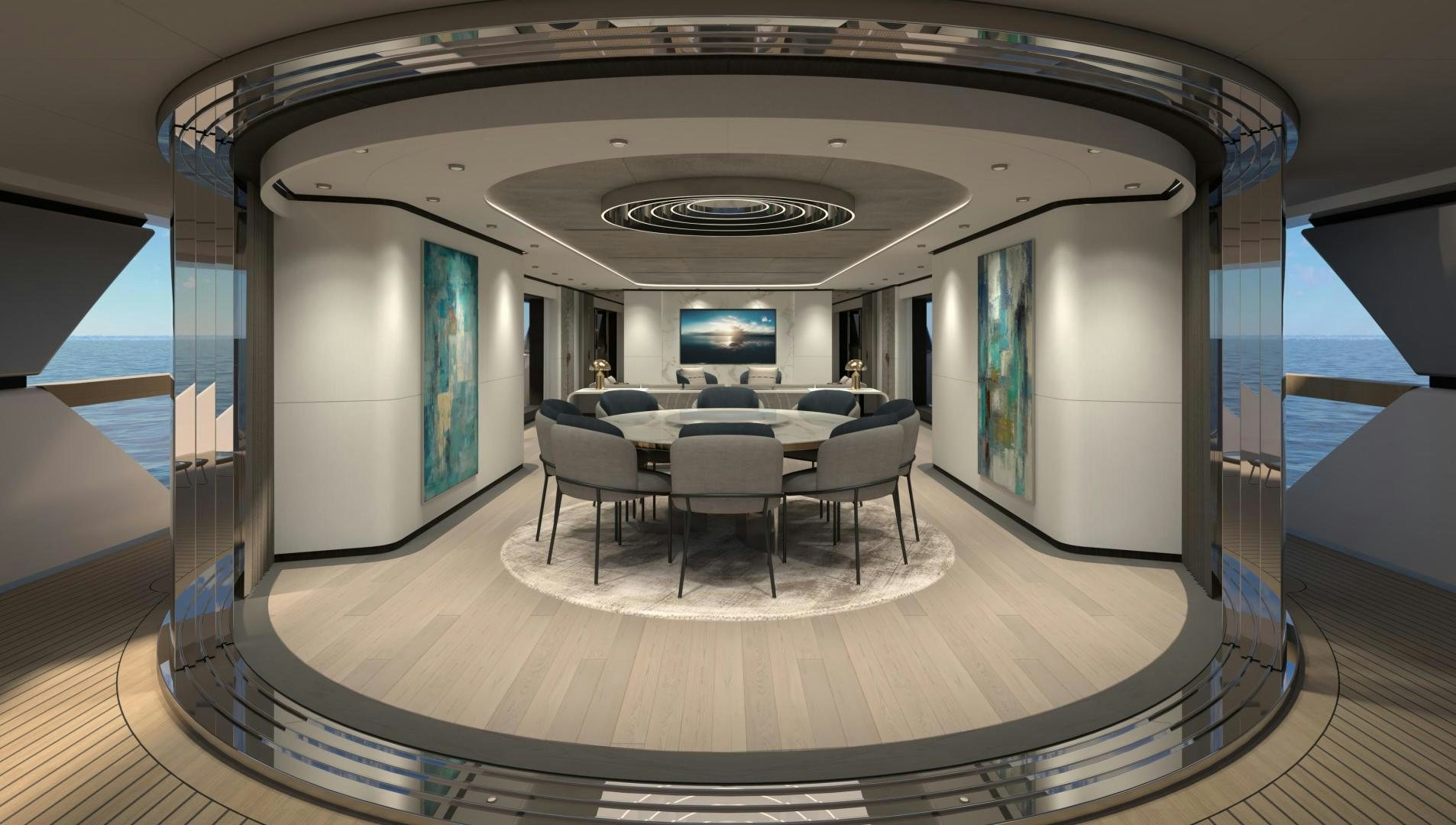 a room with a table and chairs aboard WIDER 170 Yacht for Sale