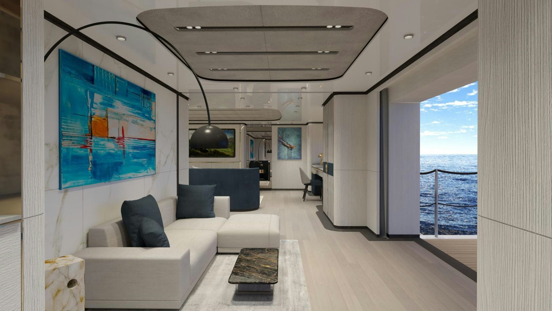 a living room with a large screen aboard WIDER 170 Yacht for Sale