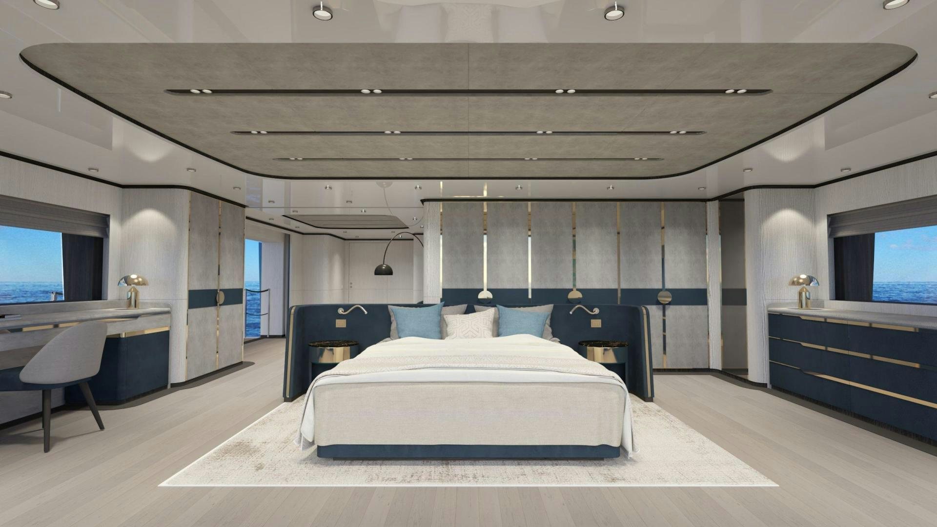 a large bedroom with a large bed aboard WIDER 170 Yacht for Sale