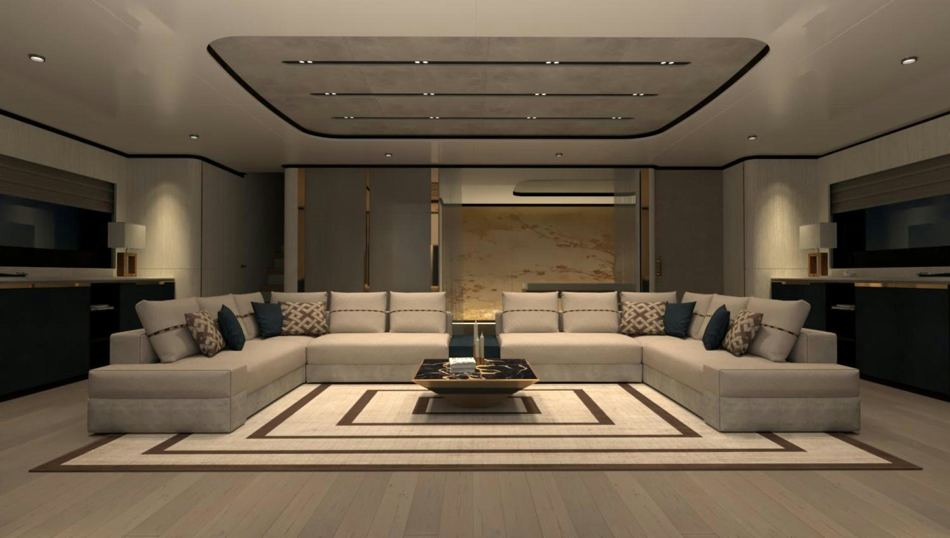 a living room with a large white sofa and a large window aboard WIDER 170 Yacht for Sale