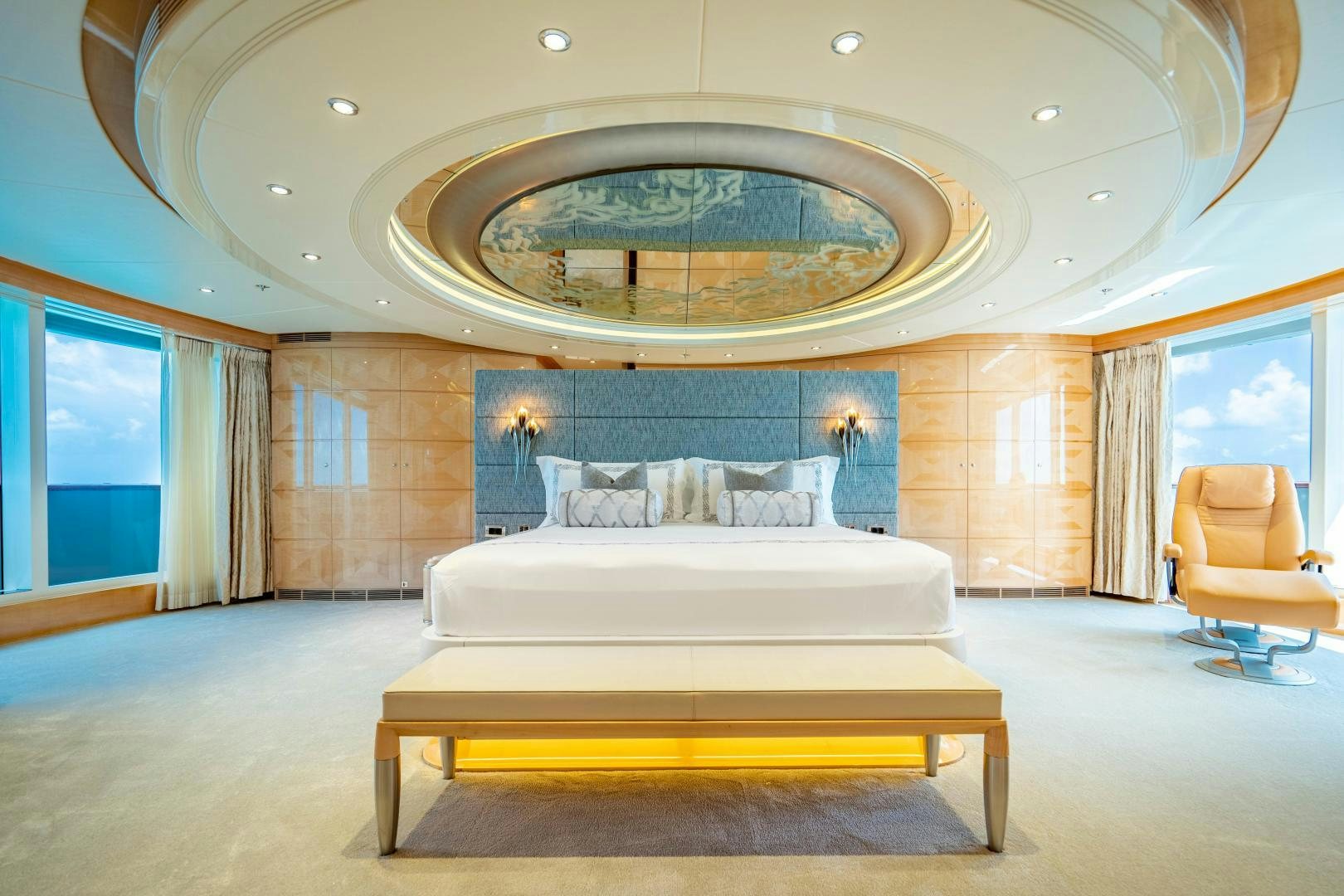 a large bedroom with a large bed aboard SOUTH Yacht for Sale