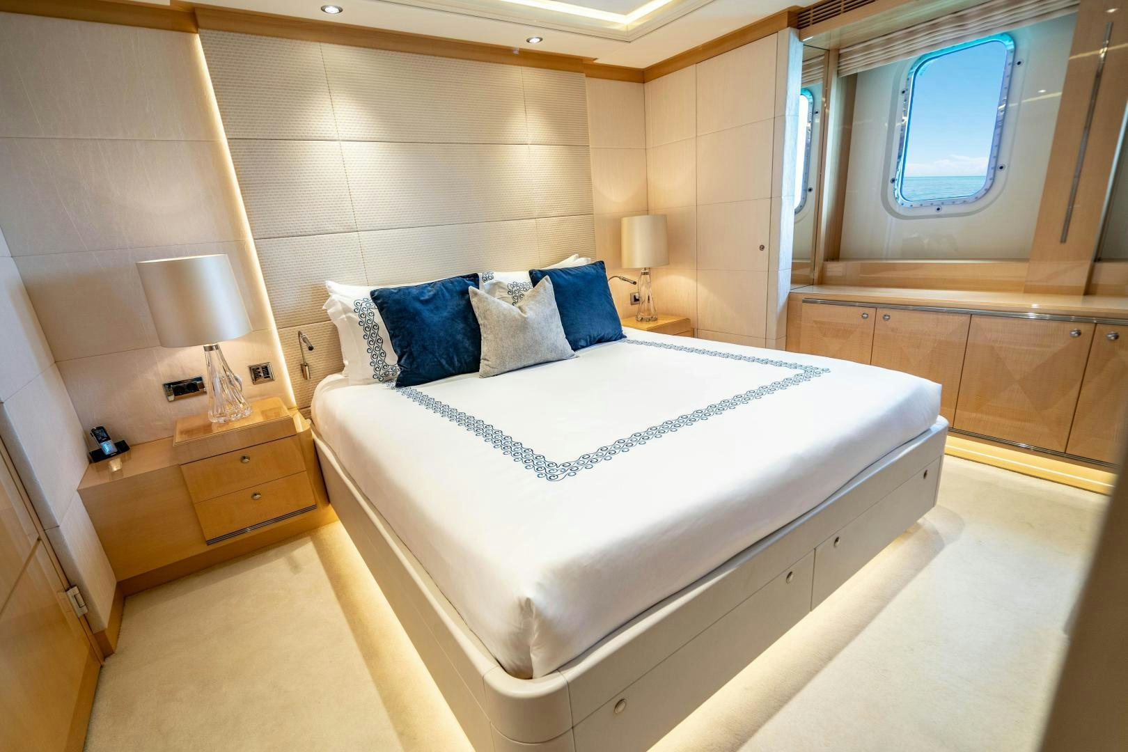 a bed in a room aboard SOUTH Yacht for Sale