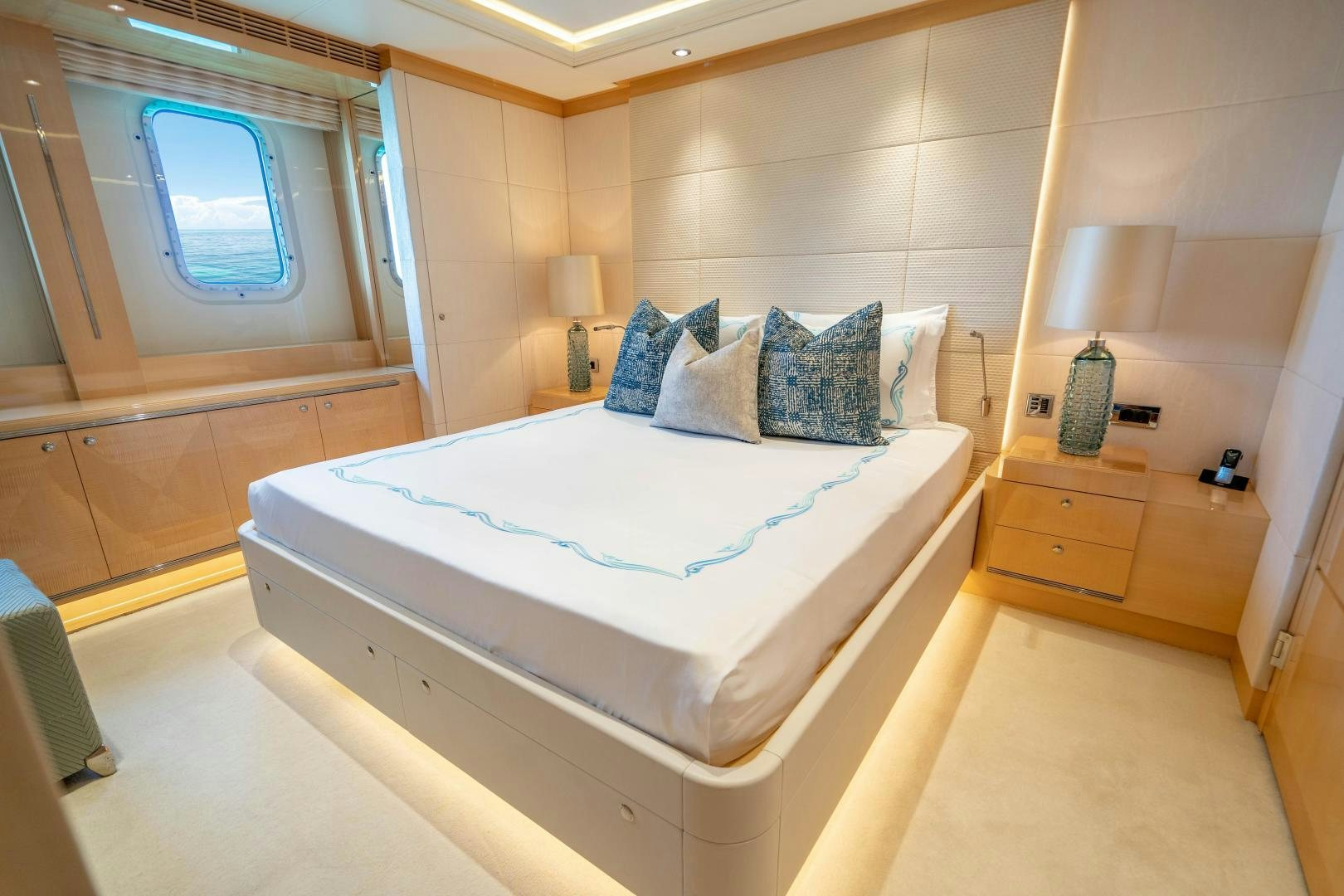 a bed in a room aboard SOUTH Yacht for Sale