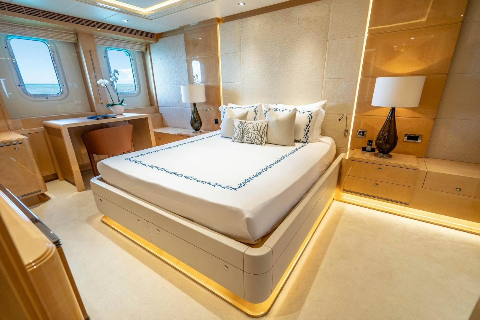 a bed in a room aboard SOUTH Yacht for Sale