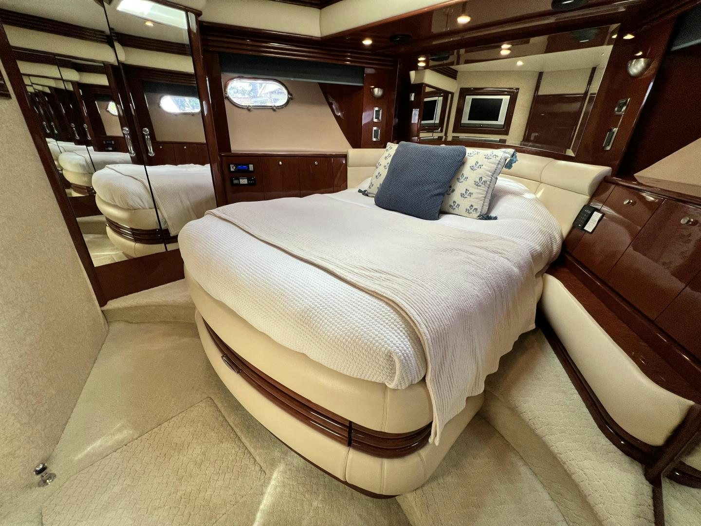 a bed in a room aboard Casablanca II Yacht for Sale