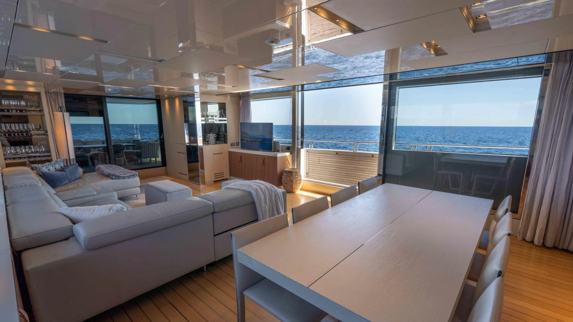 a living room with a large window aboard FREDDY Yacht for Sale