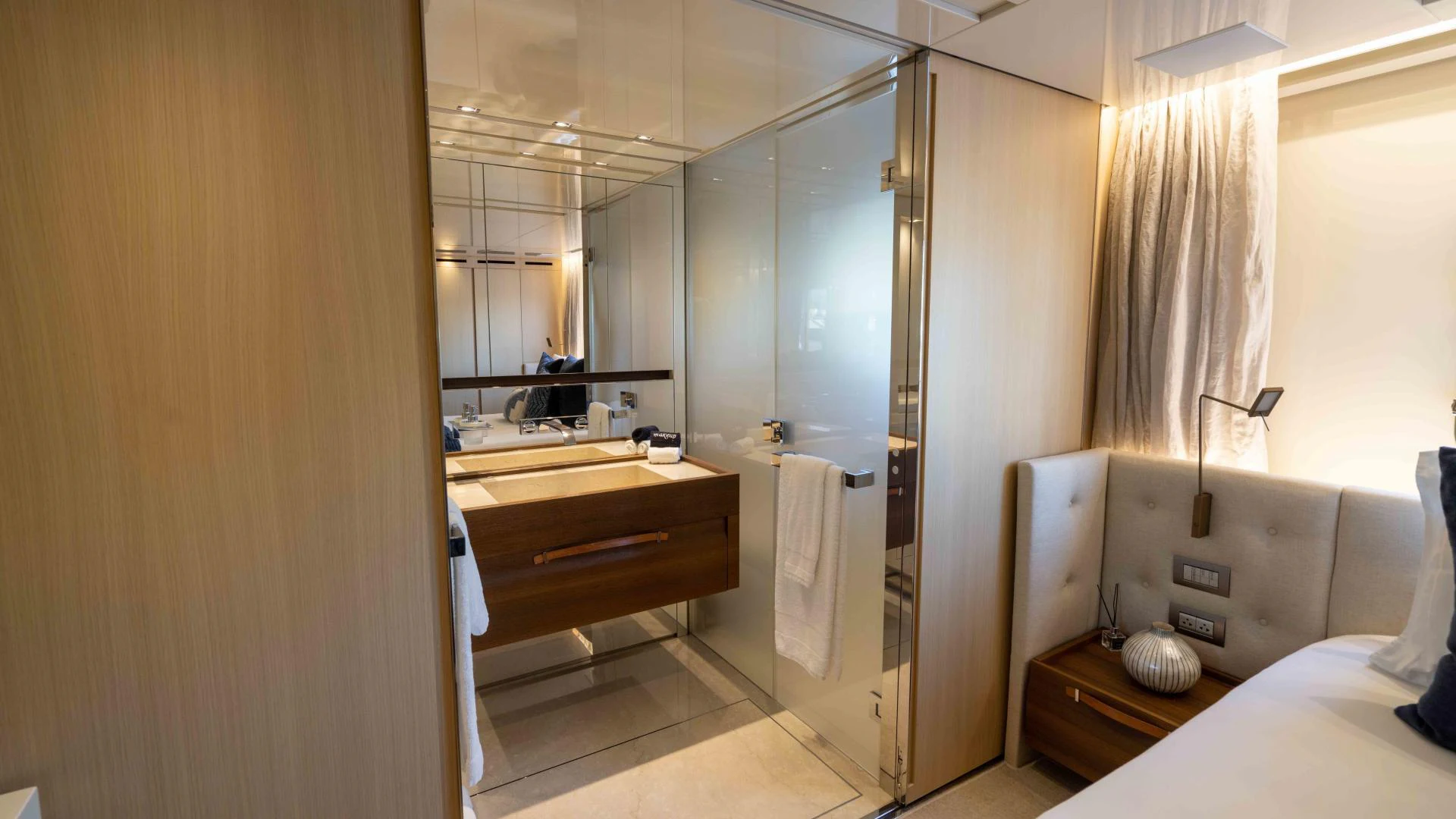 a bathroom with a glass shower aboard FREDDY Yacht for Sale