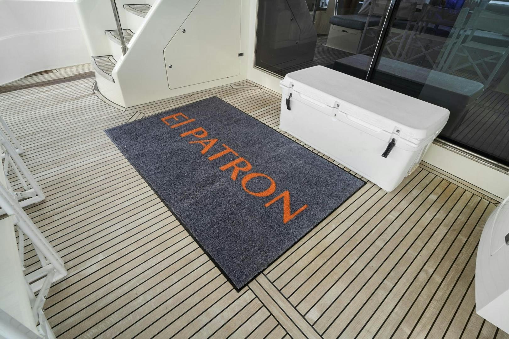 a white box on a deck aboard EL PATRON Yacht for Sale