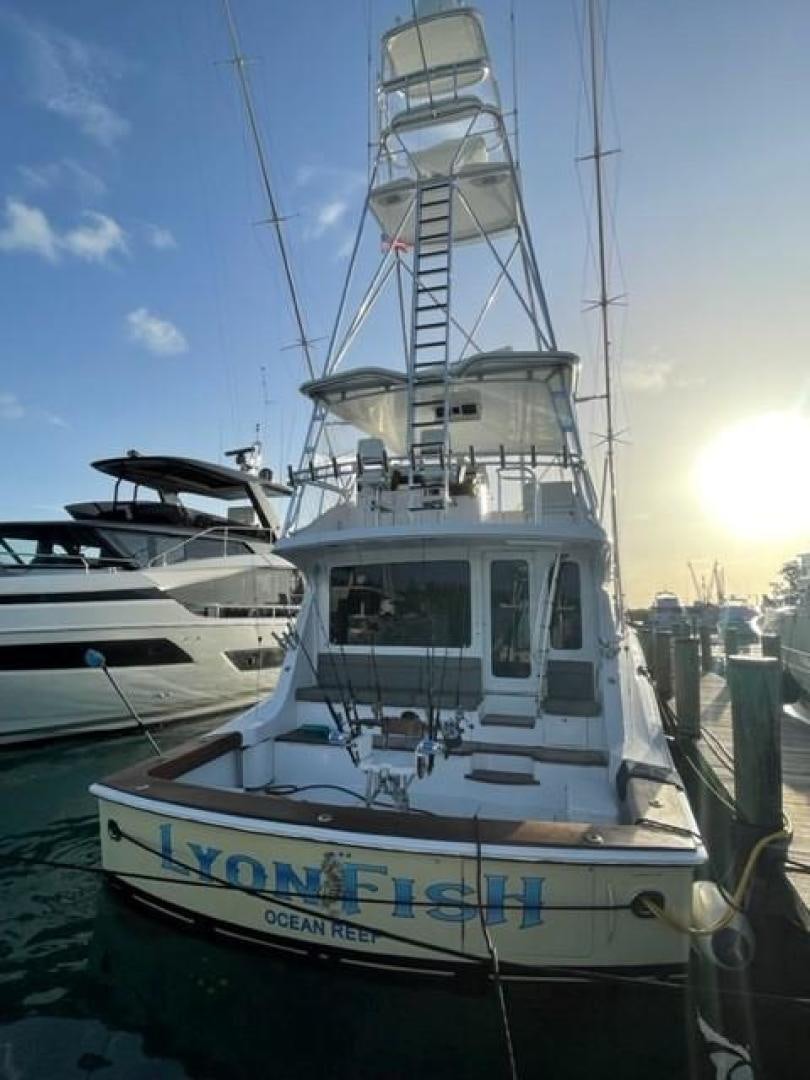 a boat parked in a harbor aboard LYON FISH Yacht for Sale