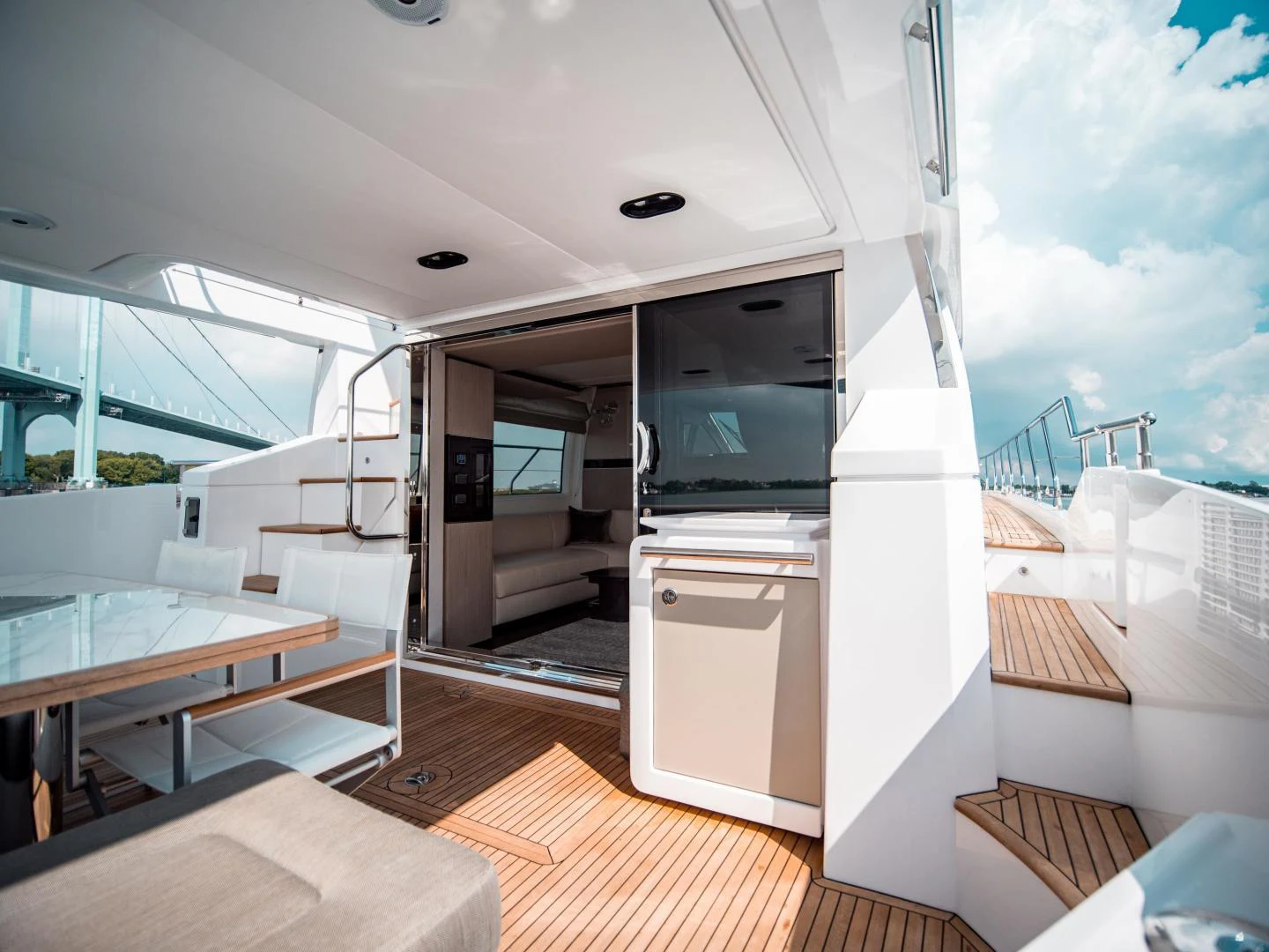 a modern looking living room aboard EVADO Yacht for Sale