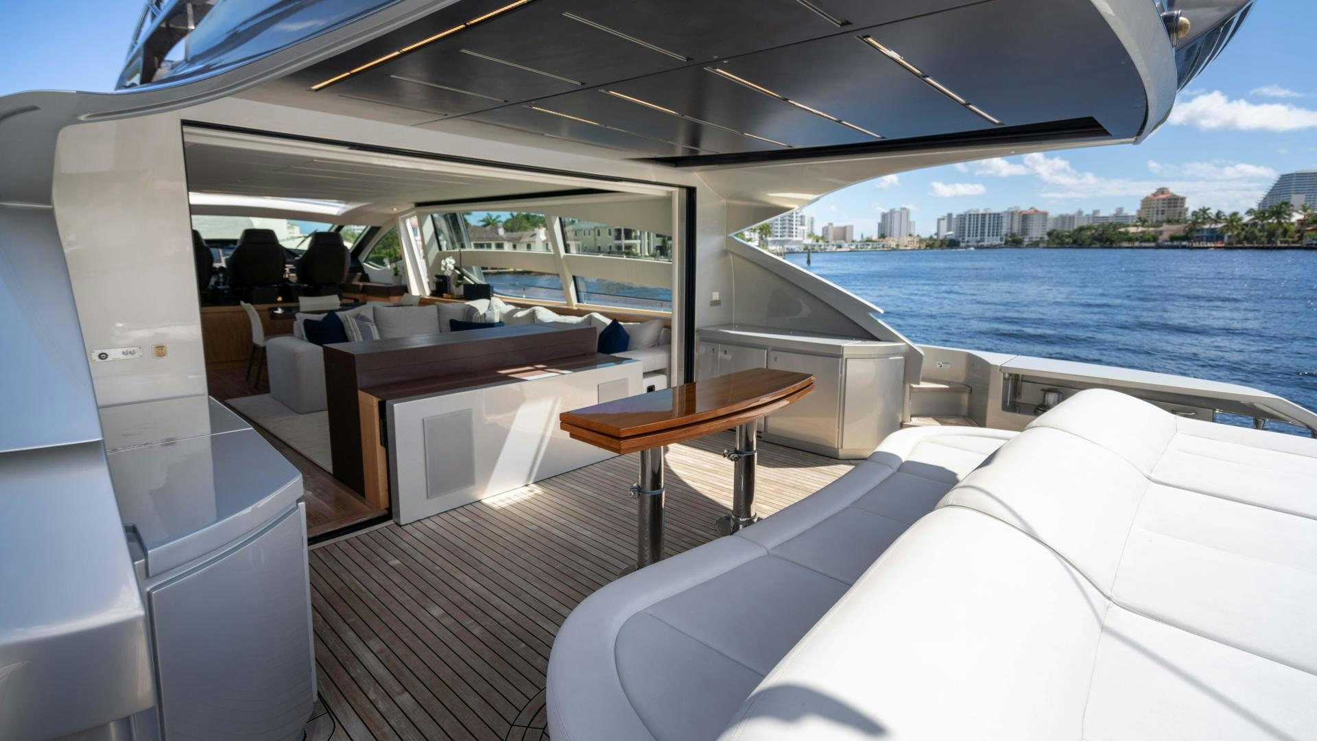 a boat with a table and chairs on it aboard VIXEN Yacht for Sale