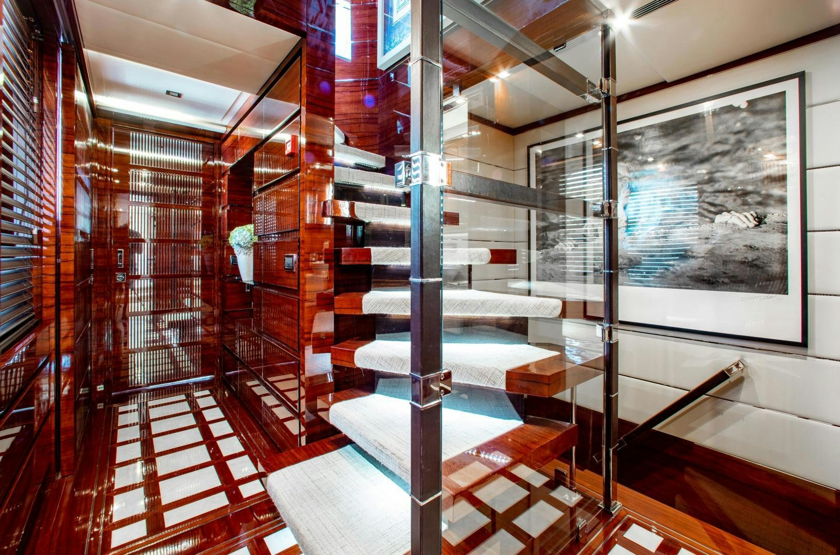 a staircase in a building aboard ALLORA Yacht for Sale