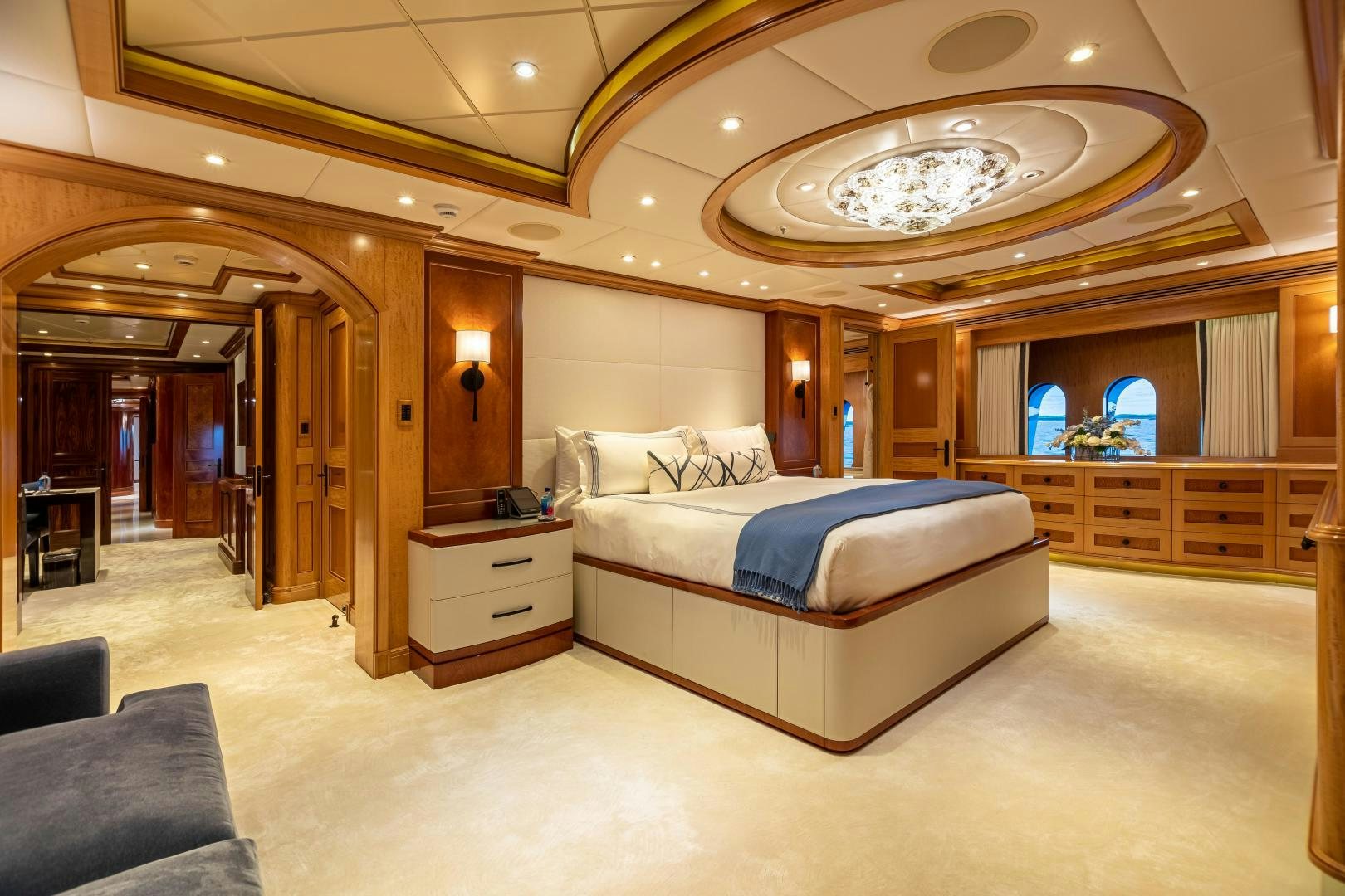a large bedroom with a large bed aboard UNBRIDLED Yacht for Sale