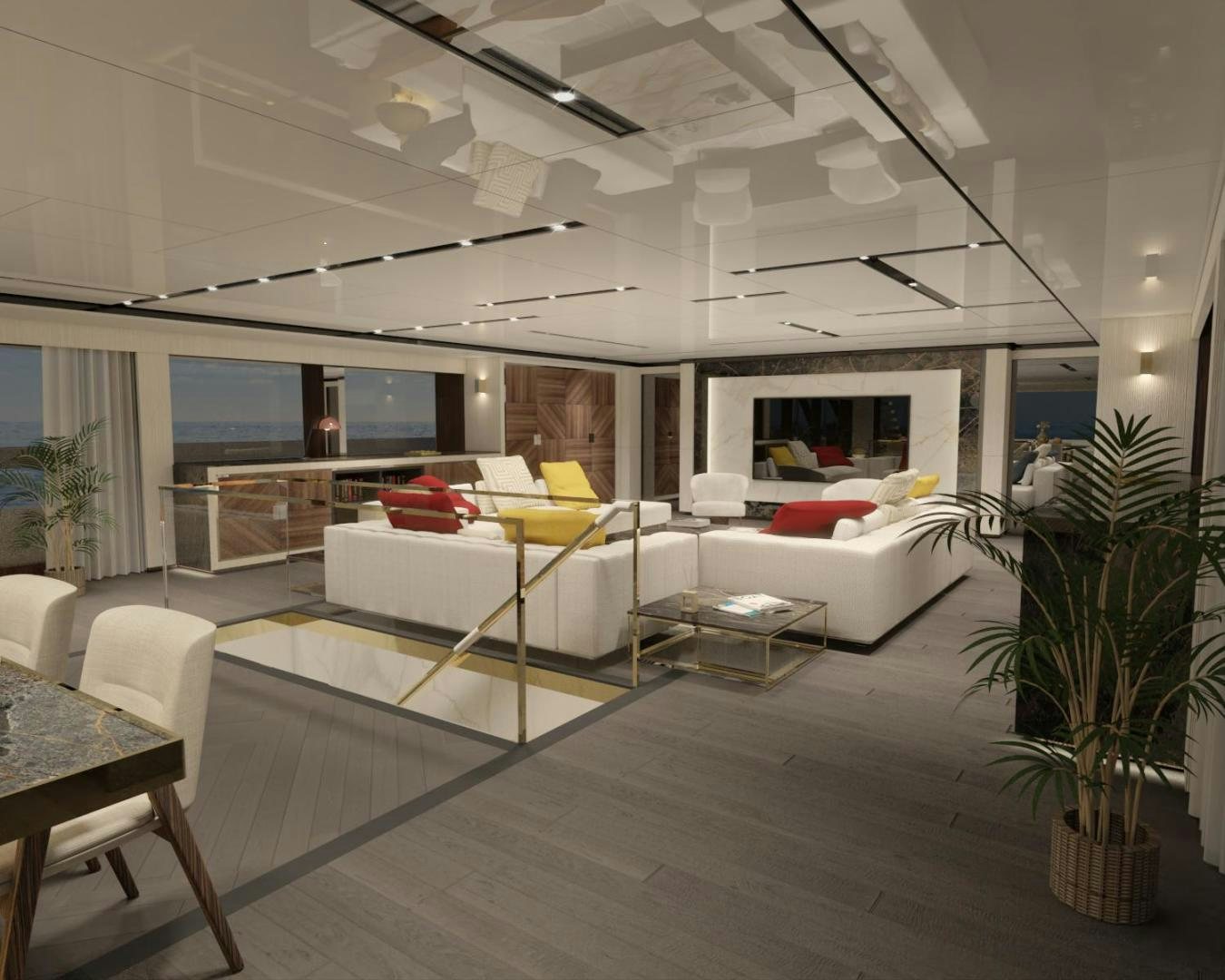 a living room with white furniture aboard WIDER 210 Yacht for Sale