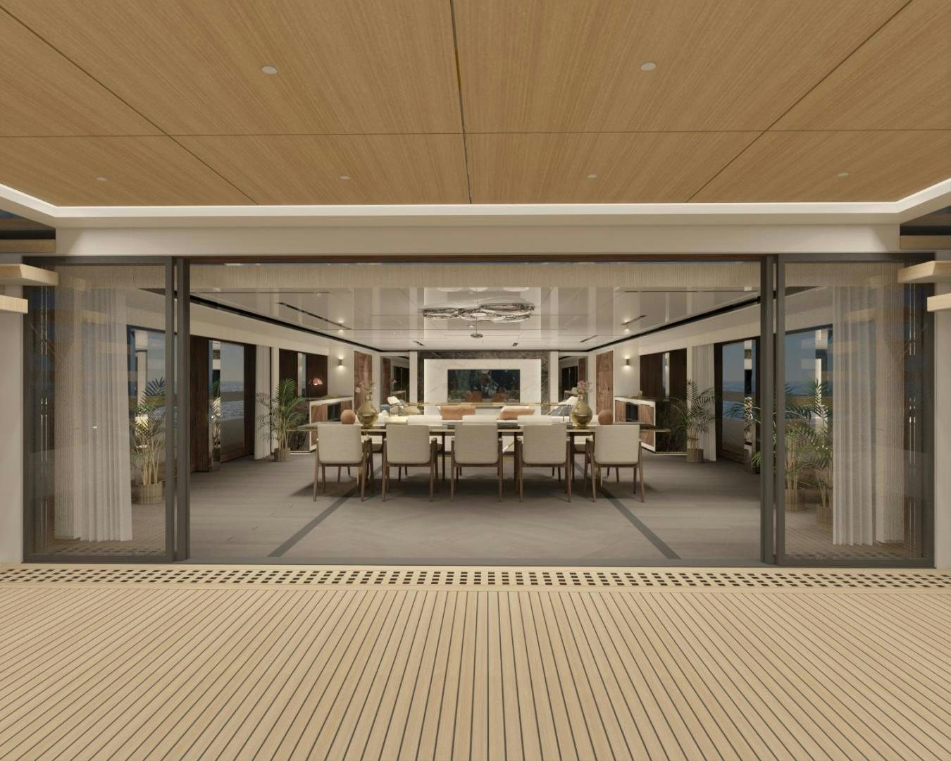 a large room with tables and chairs aboard WIDER 210 Yacht for Sale