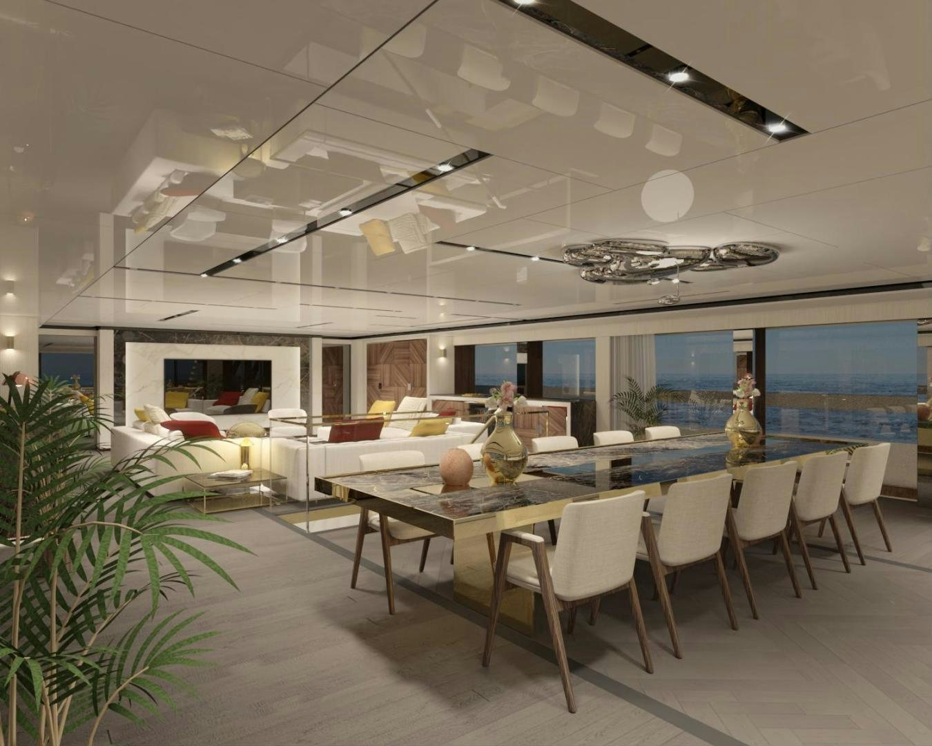 a room with tables and chairs aboard WIDER 210 Yacht for Sale