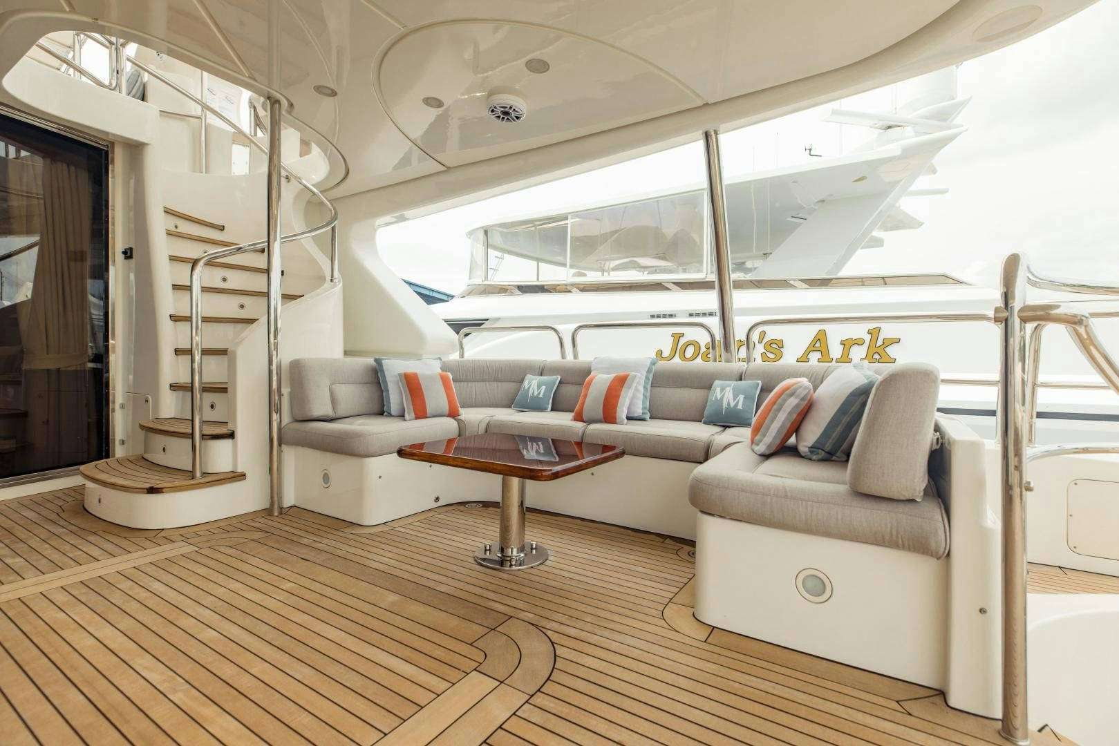 a living room with a large window aboard MAMMA MIA Yacht for Sale