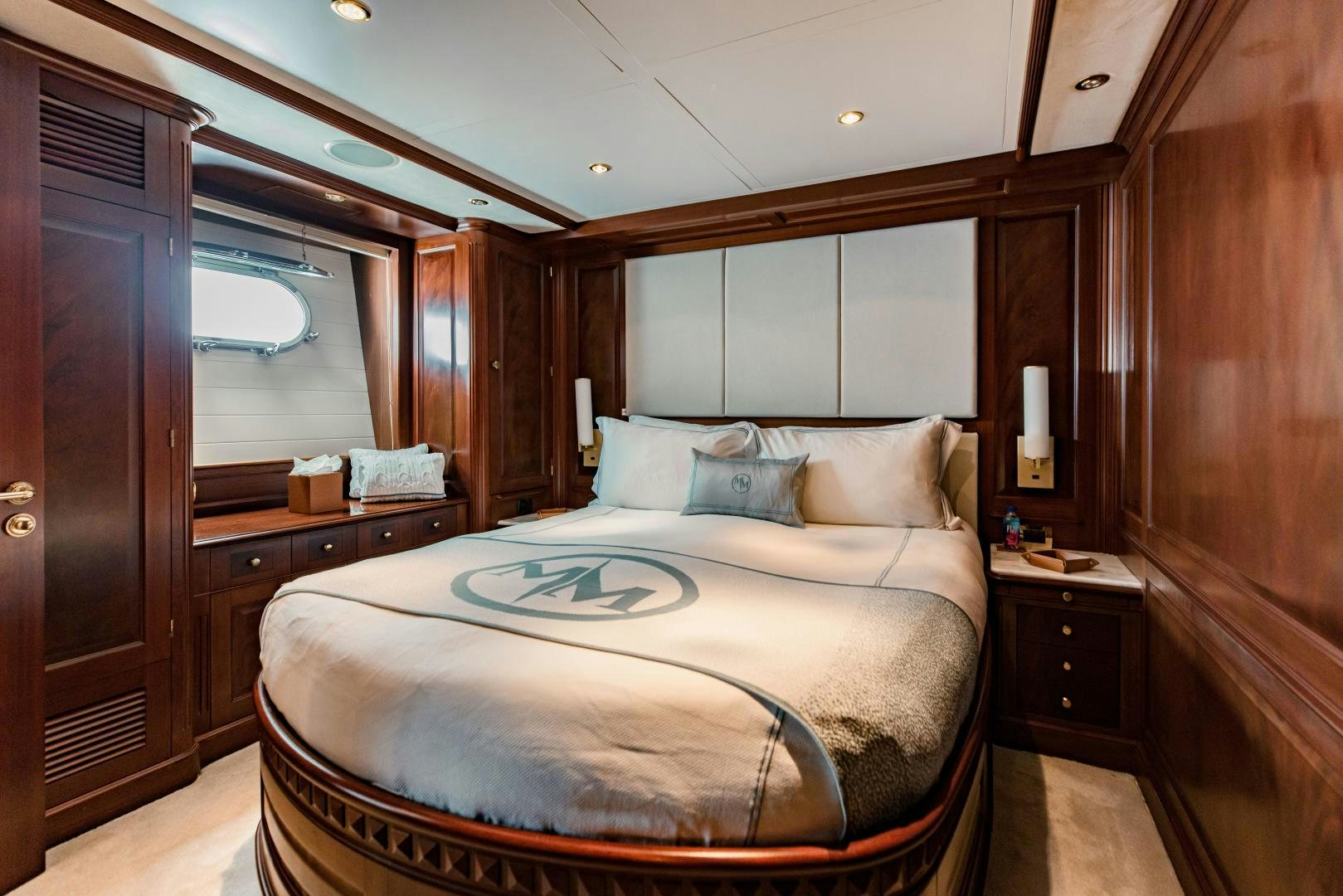 a bed in a room aboard MAMMA MIA Yacht for Sale