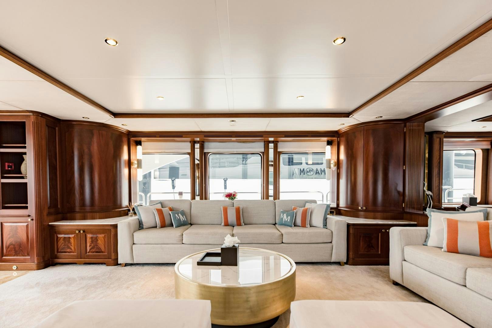a living room with a large window aboard MAMMA MIA Yacht for Sale