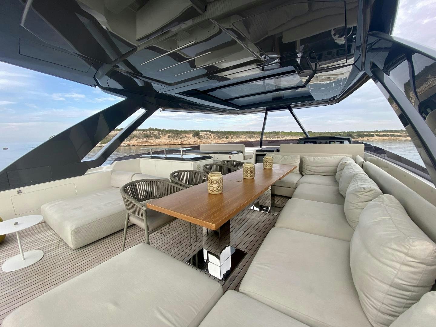 a living room with a large open roof aboard M/Y SUNRISE Yacht for Sale