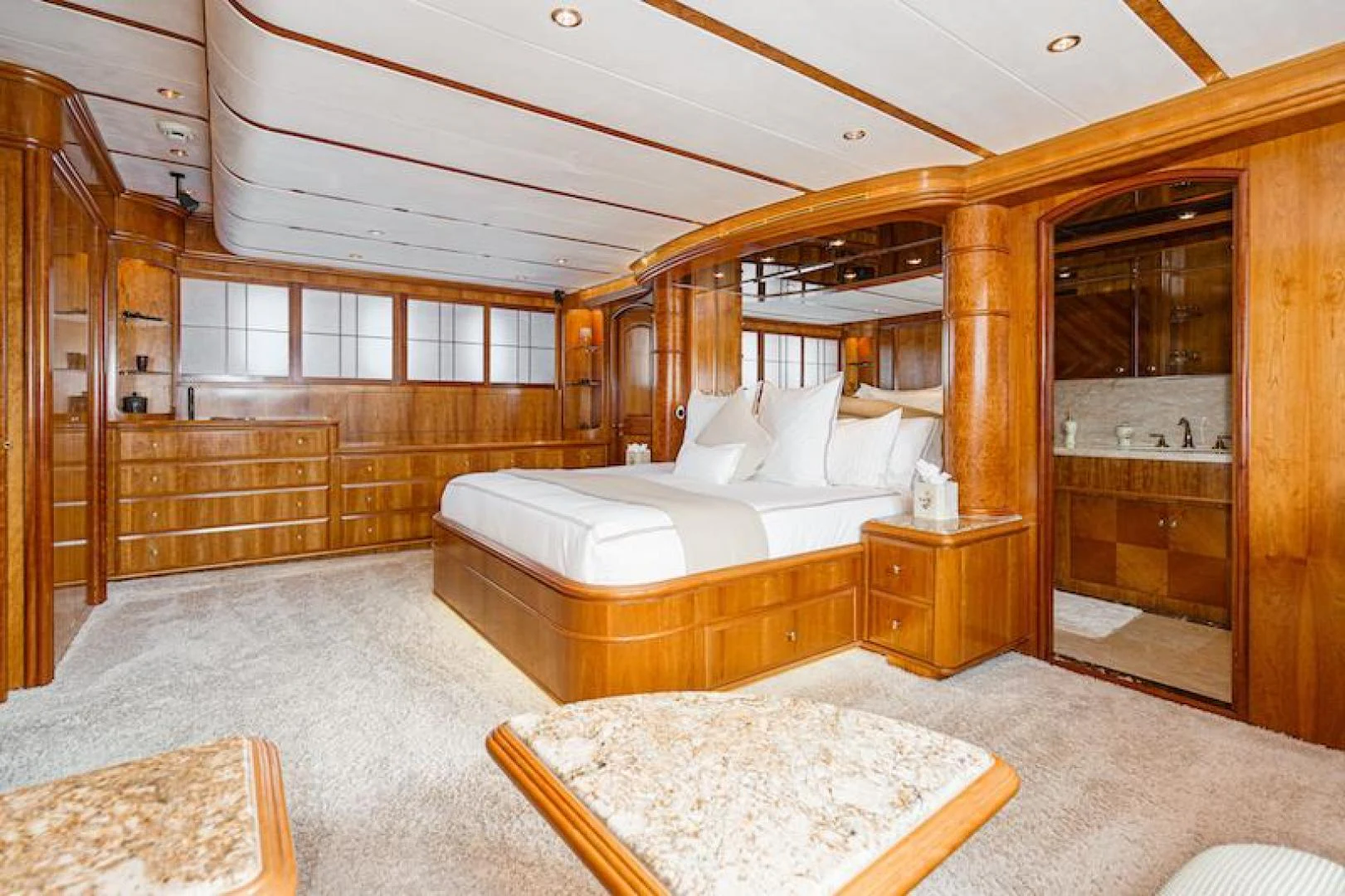 a room with a bed and a wood door aboard ALMOST THERE Yacht for Sale