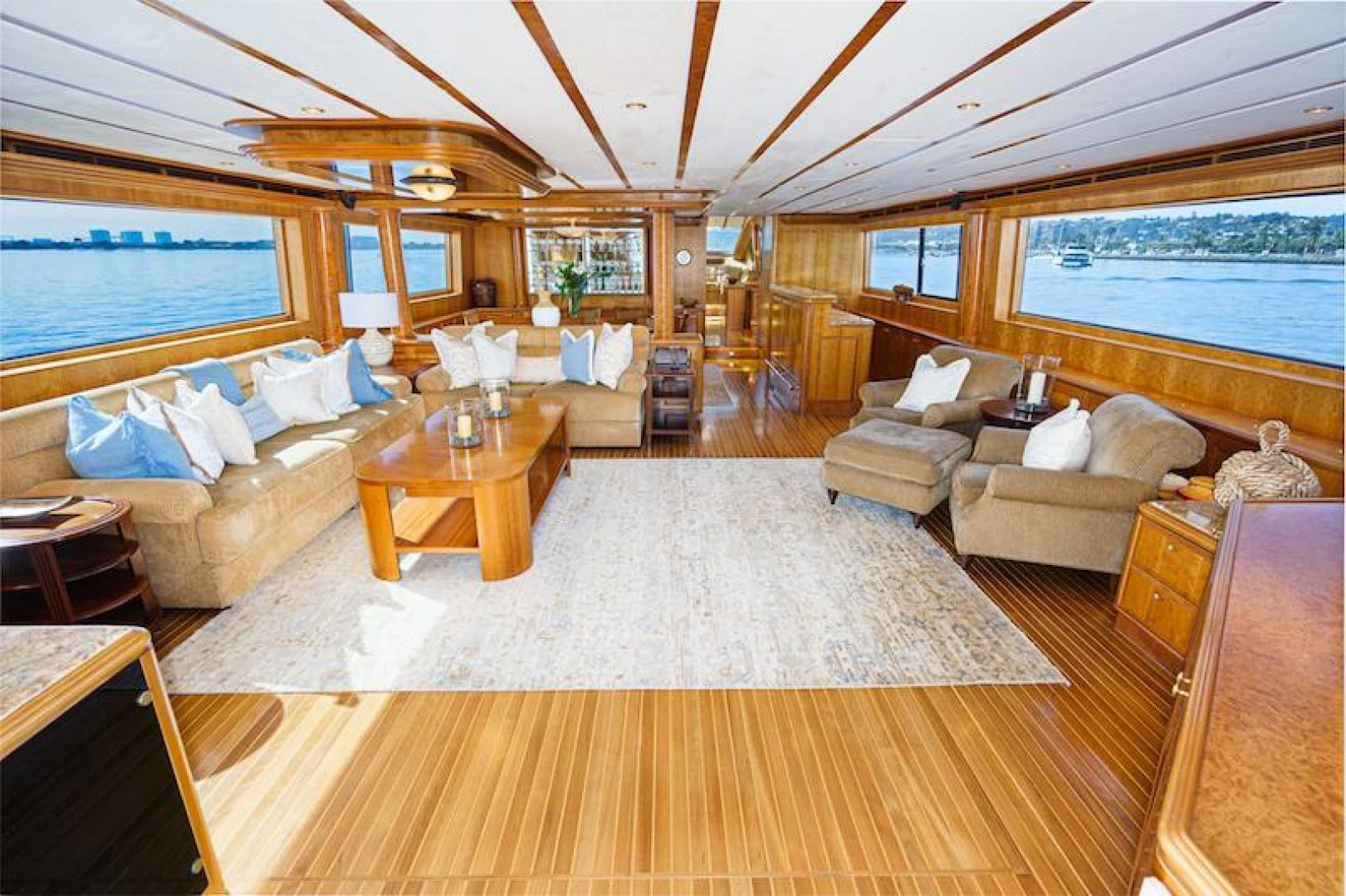 a living room with a large window aboard ALMOST THERE Yacht for Sale