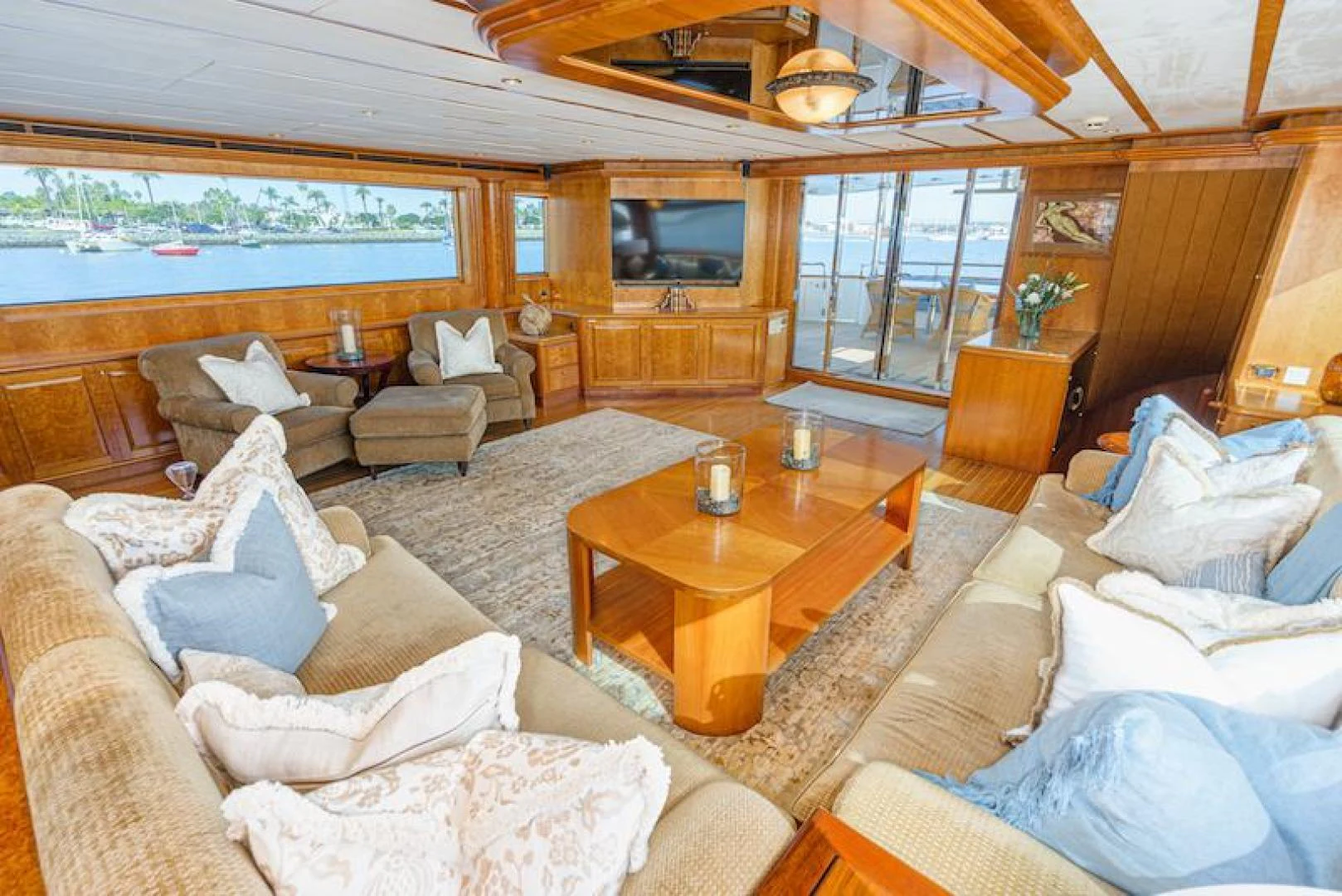 a living room with a large window aboard ALMOST THERE Yacht for Sale