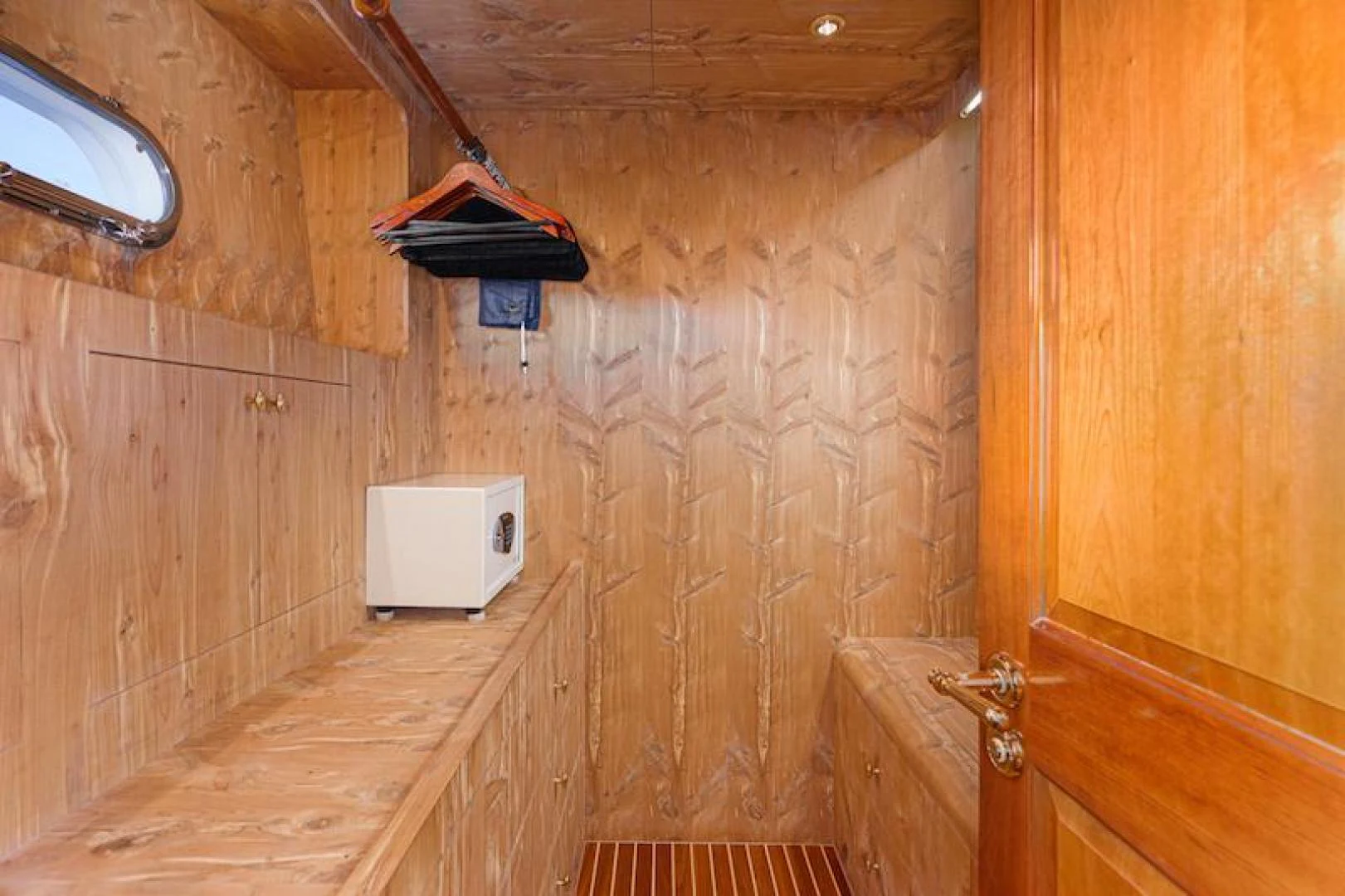 a bathroom with a towel from the ceiling aboard ALMOST THERE Yacht for Sale
