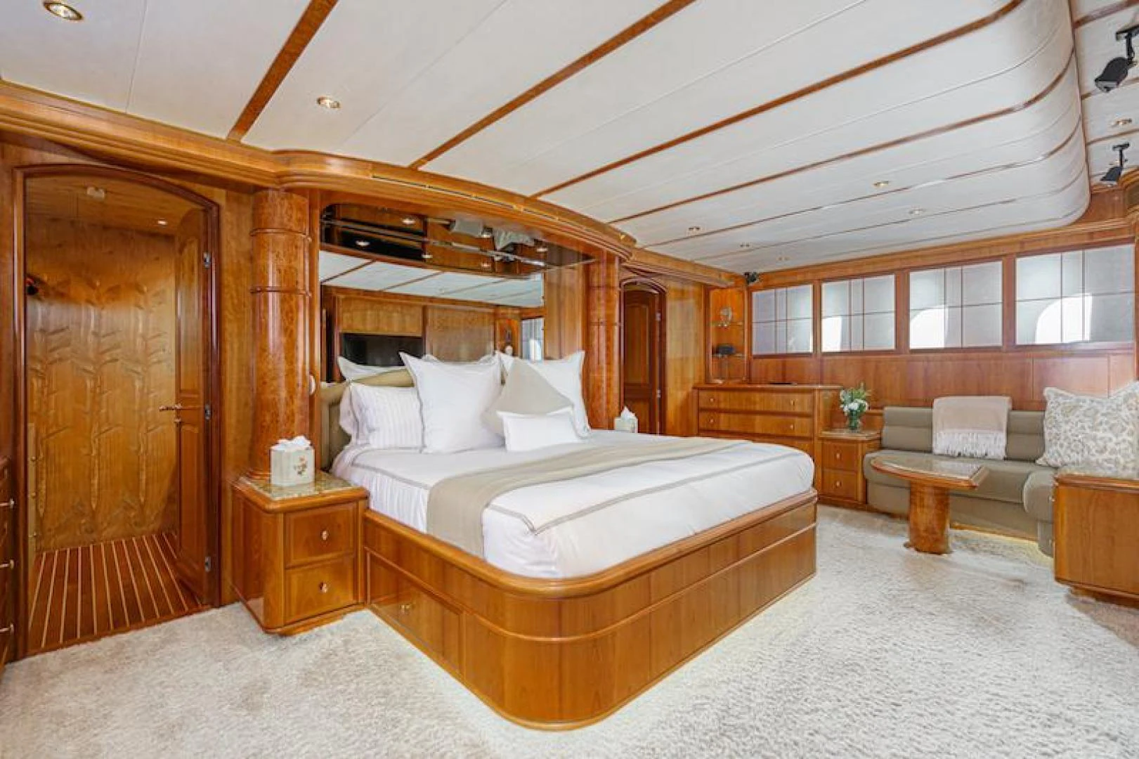 a large bed in a room aboard ALMOST THERE Yacht for Sale