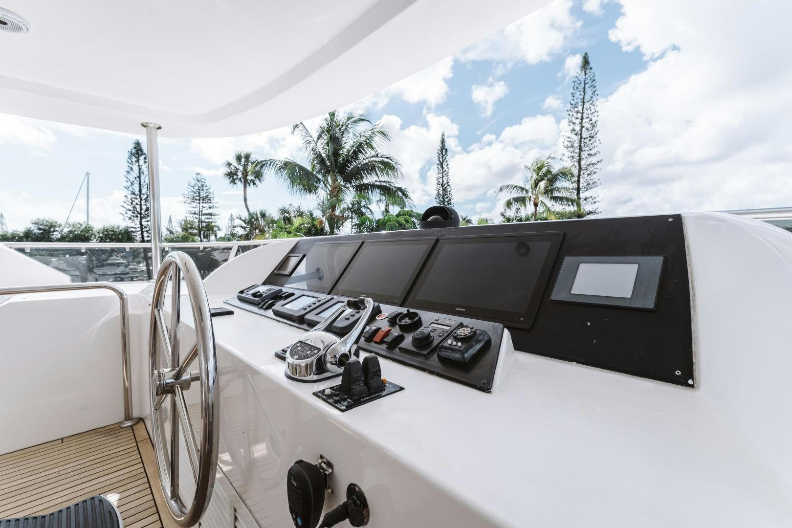 a white car with a black screen and a black screen on it aboard SKULLDUGGERY Yacht for Sale