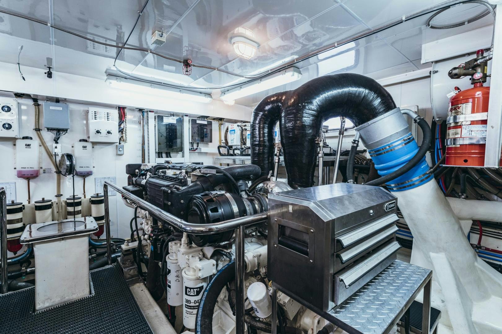 a room with machinery and pipes aboard SKULLDUGGERY Yacht for Sale
