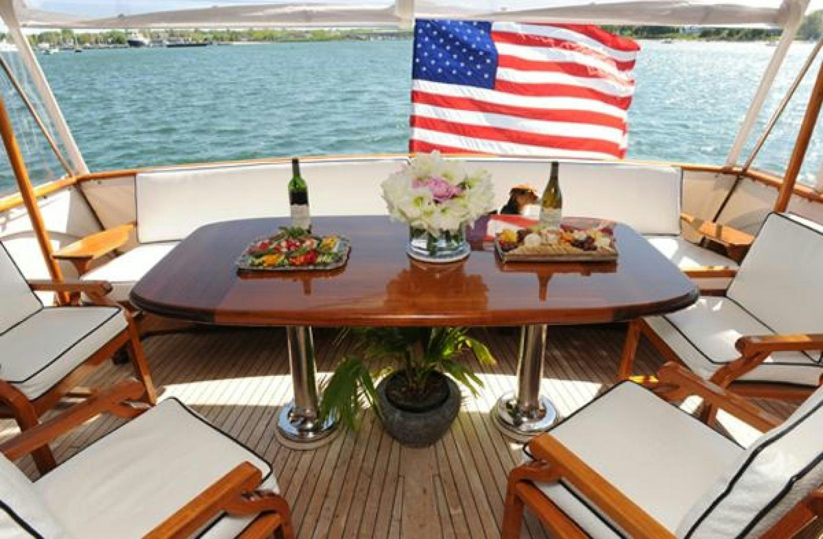 a table with food and drinks on it aboard AMERICA Yacht for Sale