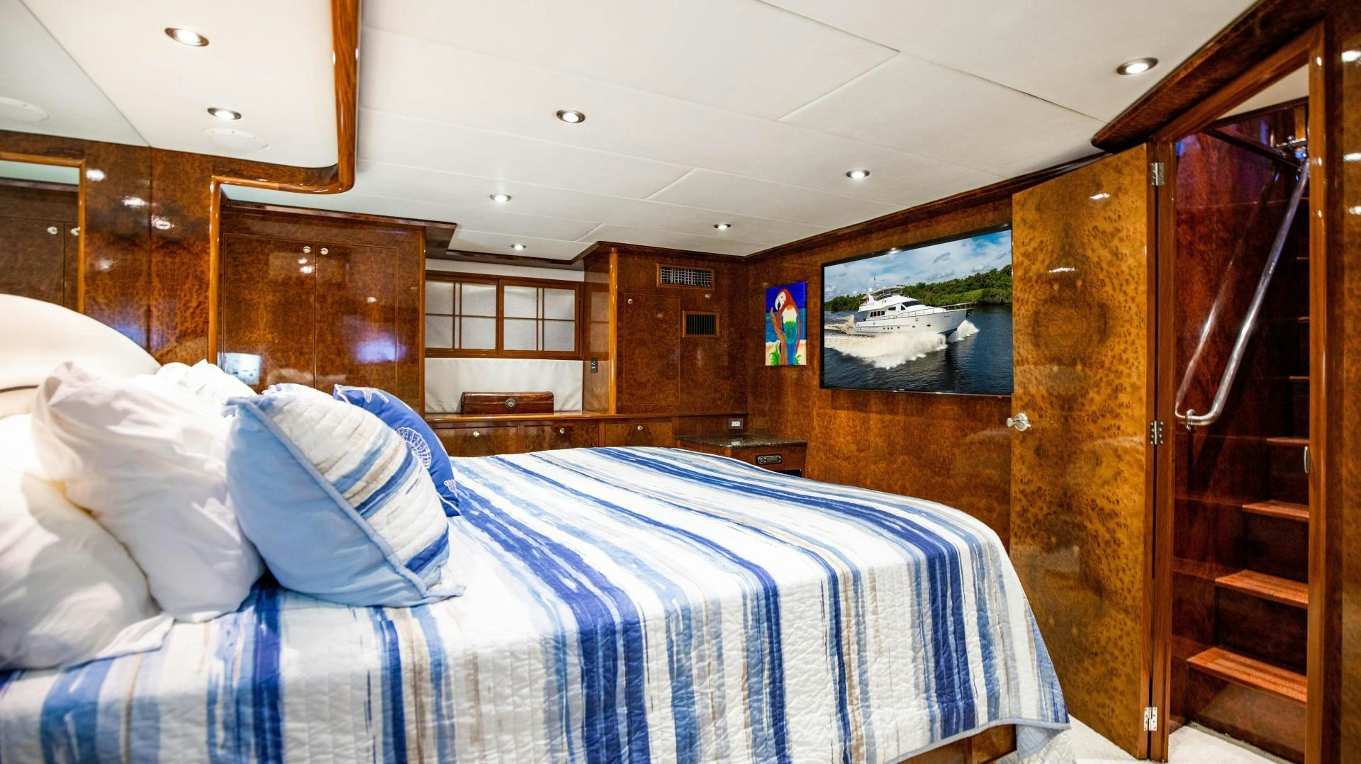 a bed in a cabin aboard DREAMCHASER Yacht for Sale