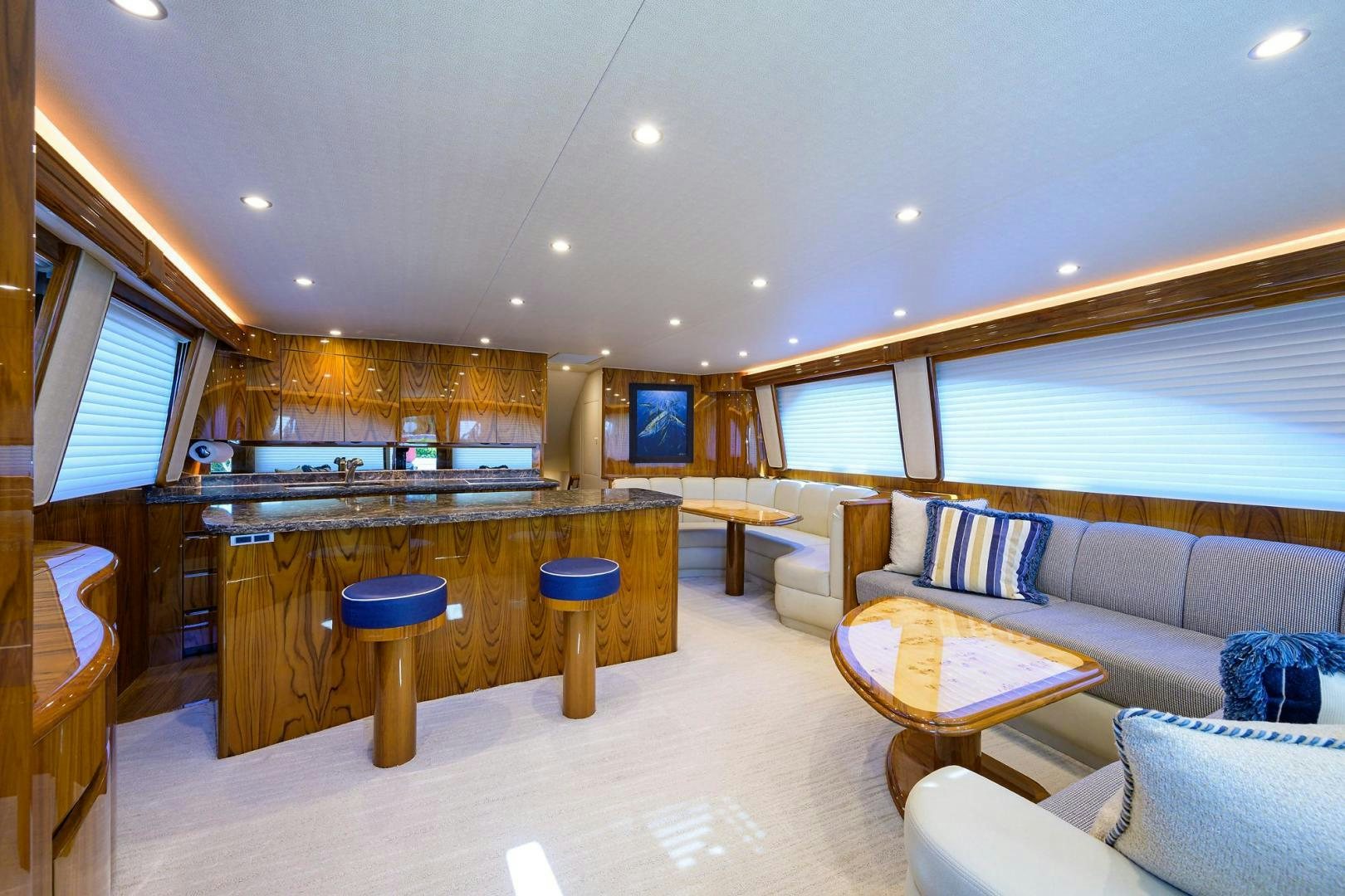 a living room with a large counter and a couch aboard TORO Yacht for Sale