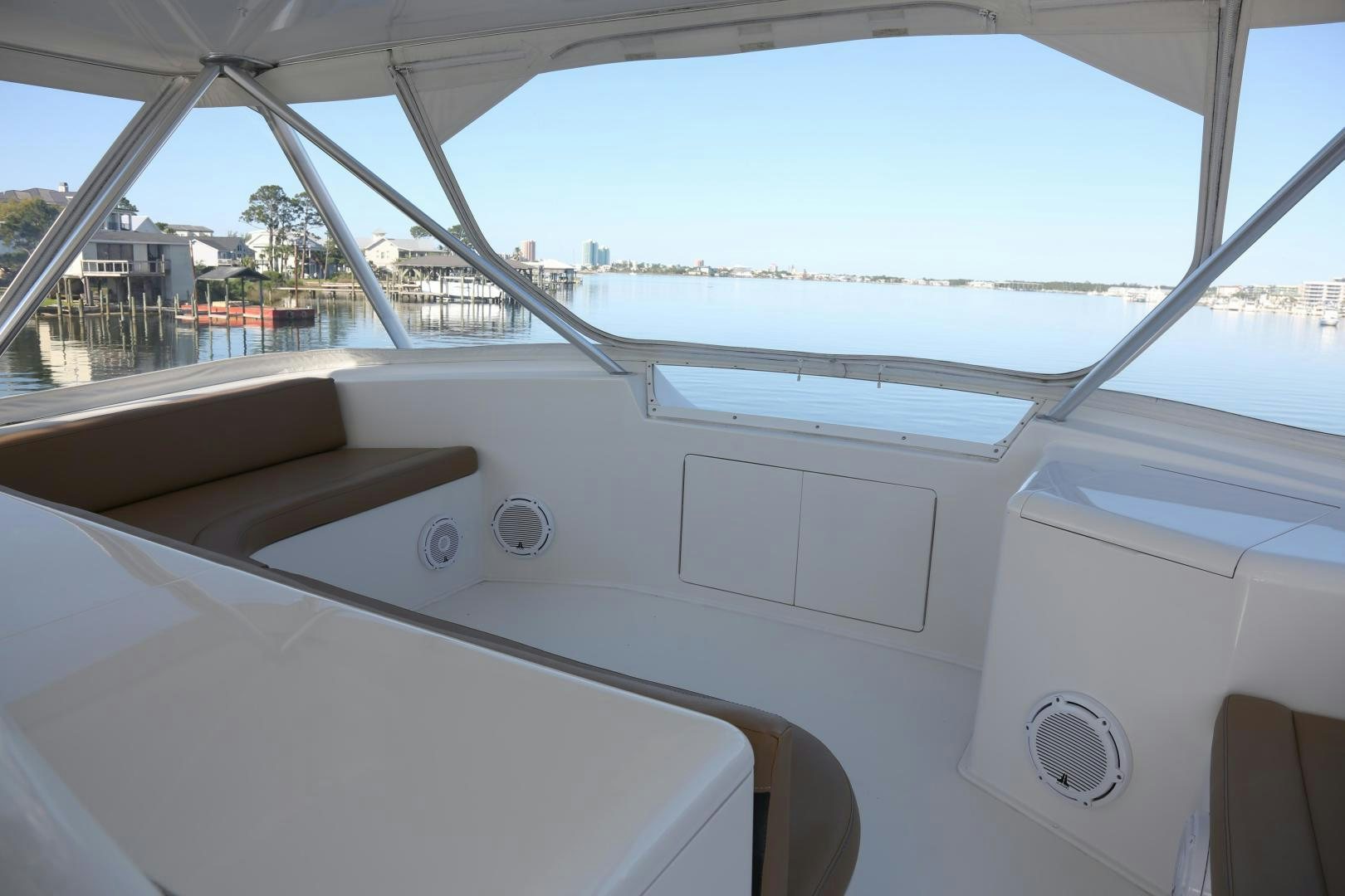 the inside of a white car aboard LUCILLE Yacht for Sale